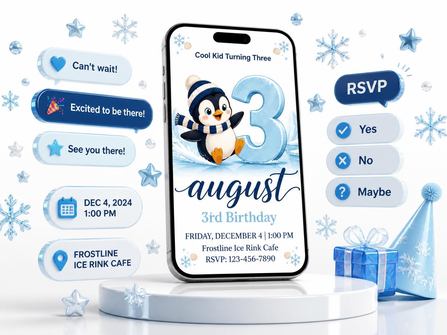 The Blue Penguin Winter 3rd Birthday invitation on a phone, with guest RSVPs arriving around it