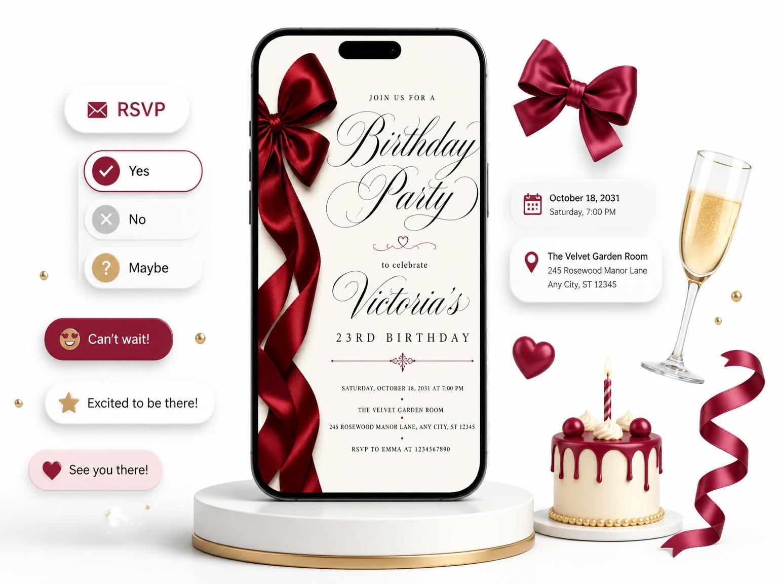 The Burgundy Satin Bow 23rd Birthday Invitation invitation on a phone, with guest RSVPs arriving around it