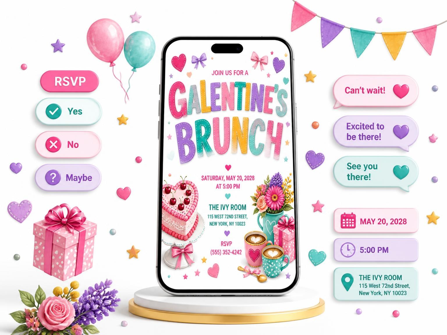 The Vintage Heart Cake Galentine's Brunch Invitation invitation on a phone, with guest RSVPs arriving around it