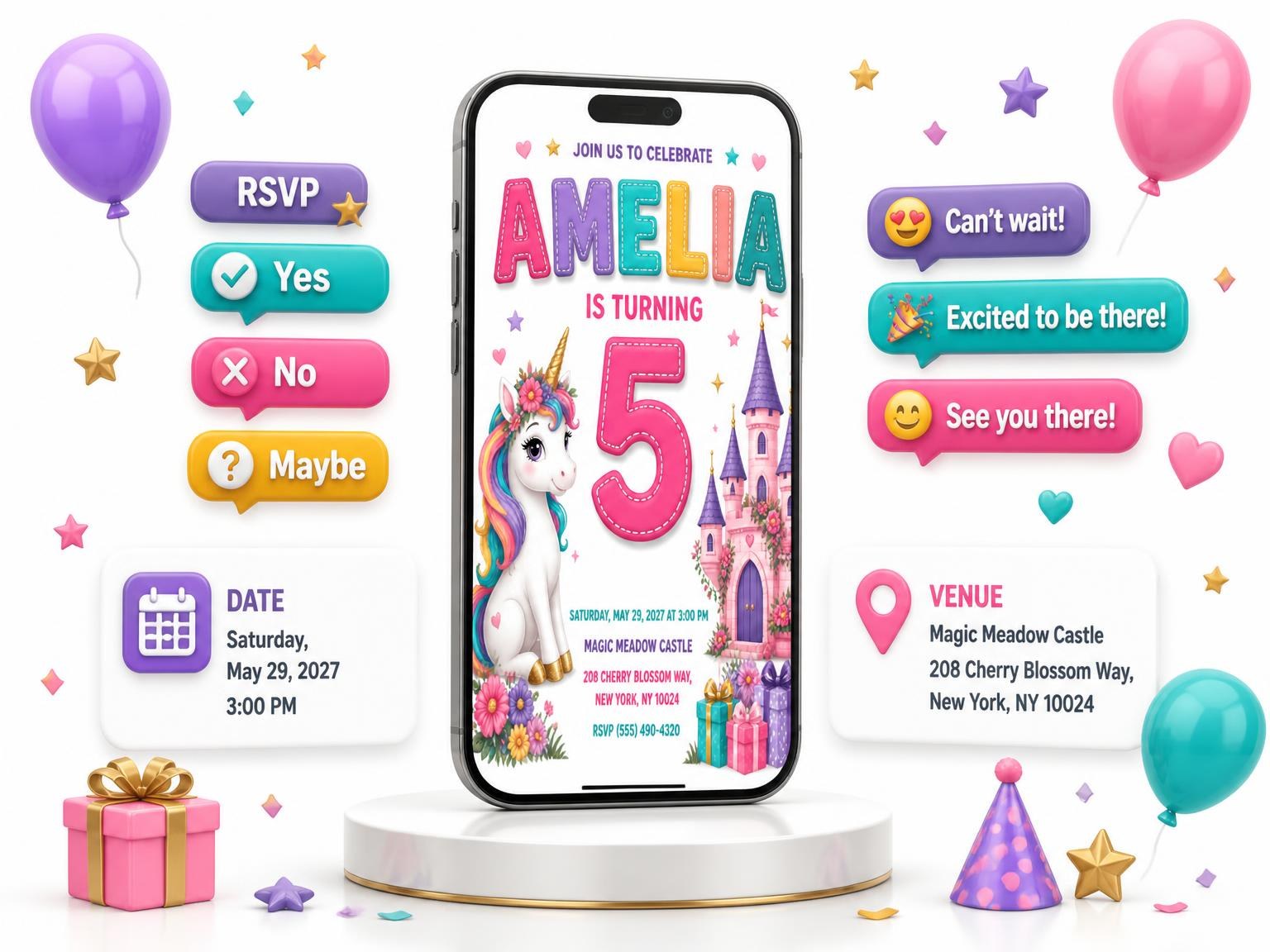 The Stitched Unicorn Castle 5th Birthday Invitation invitation on a phone, with guest RSVPs arriving around it