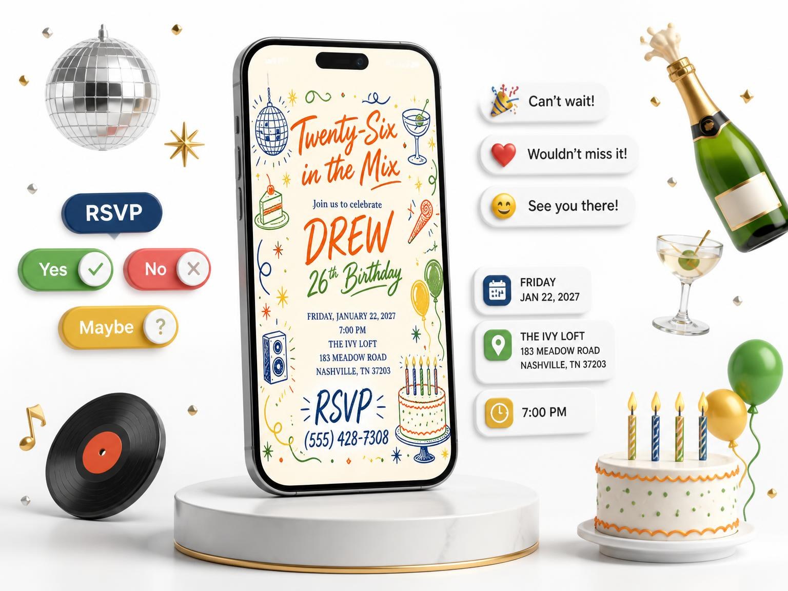 The Retro Doodle 26th Birthday Invitation invitation on a phone, with guest RSVPs arriving around it