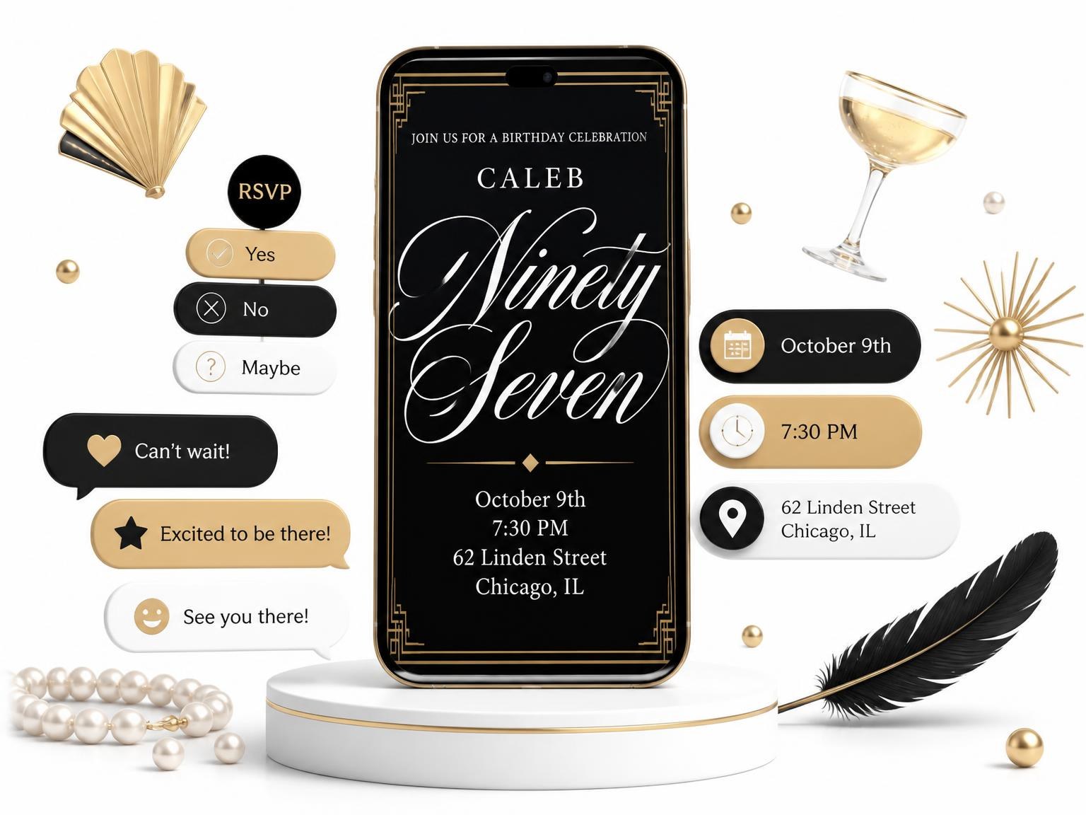 The Art Deco 97th Birthday Invitation invitation on a phone, with guest RSVPs arriving around it