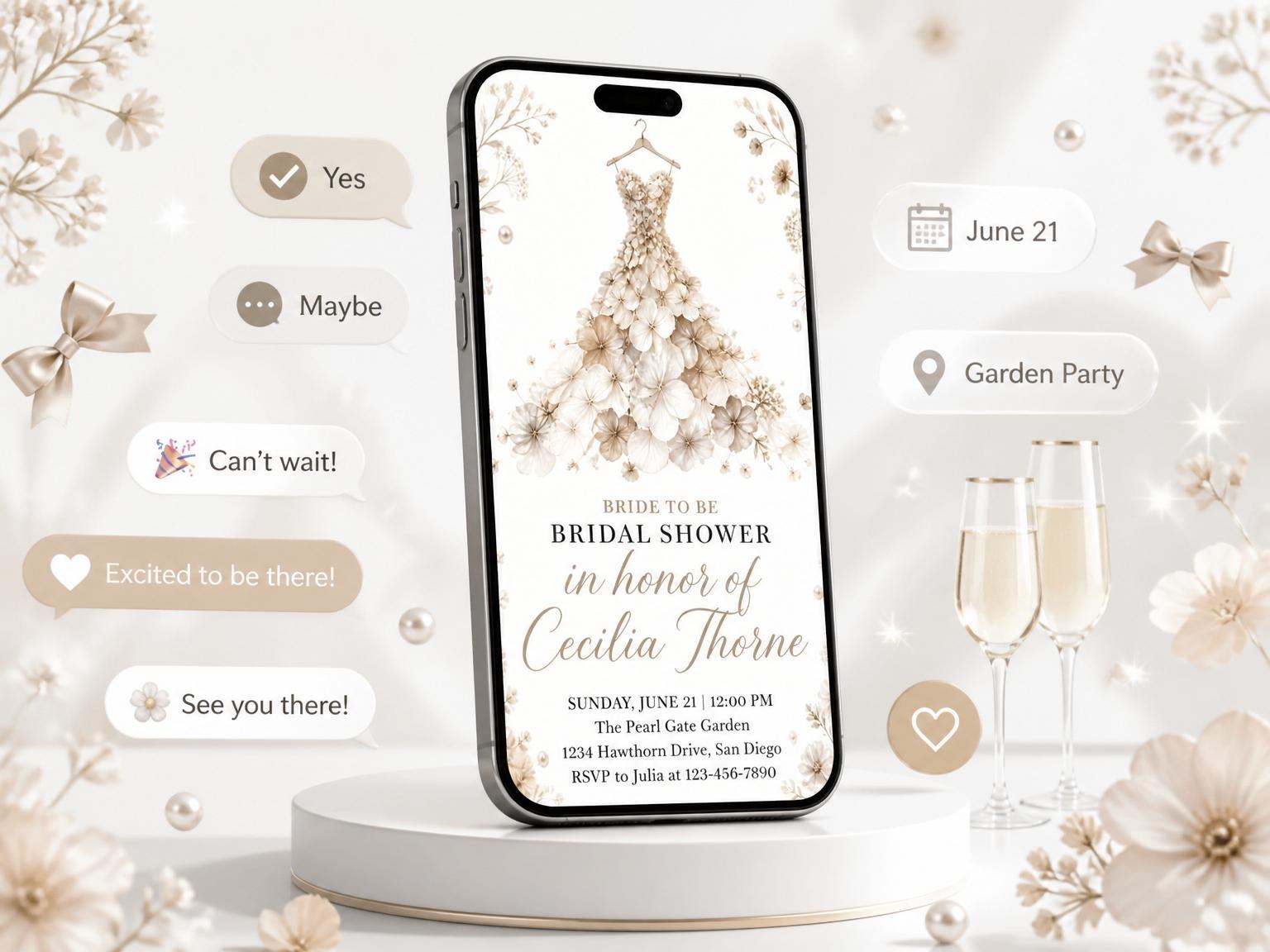 The Watercolor Hydrangea Gown Bridal Shower invitation on a phone, with guest RSVPs arriving around it