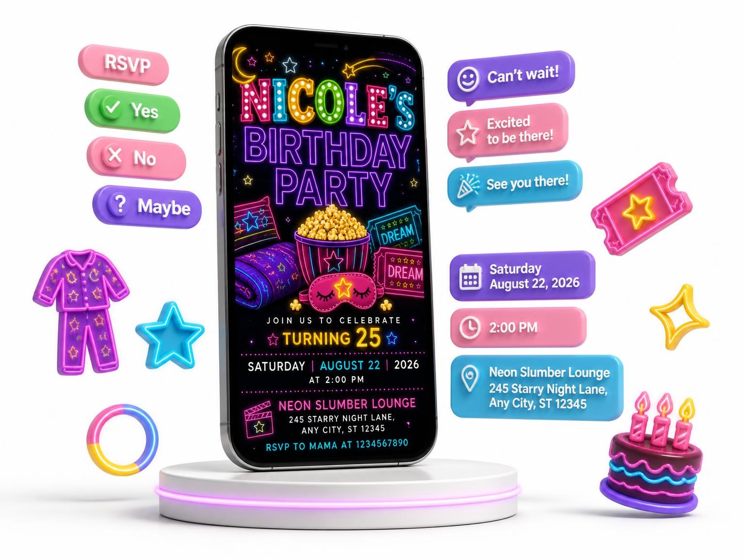 The Neon Pajama 25th Birthday Invitation invitation on a phone, with guest RSVPs arriving around it
