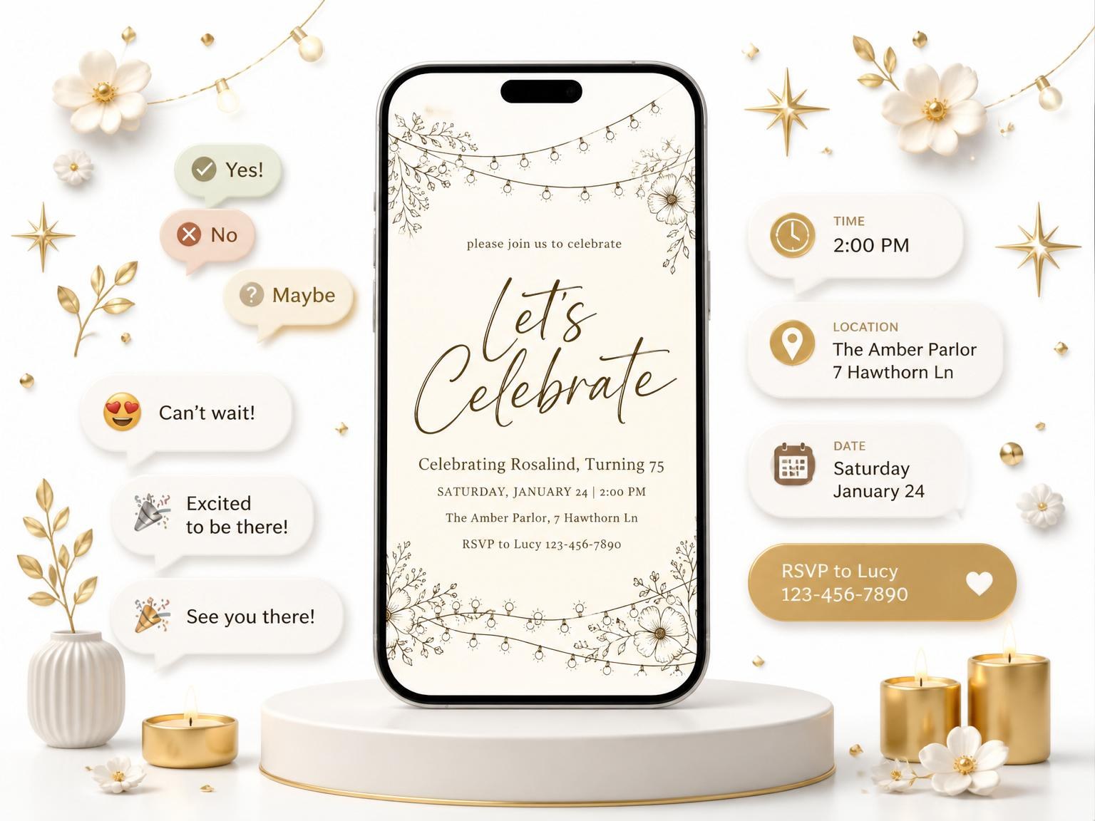 The Sepia Line-Art Floral 75th Birthday Invitation invitation on a phone, with guest RSVPs arriving around it