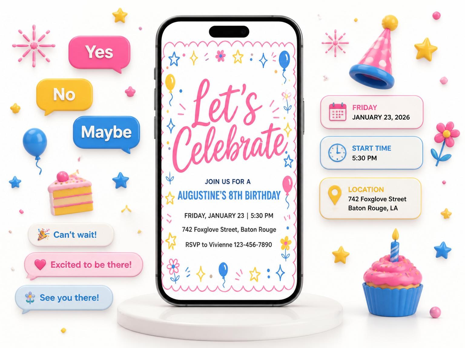 The Pink Scalloped Balloon 8th Birthday Invitation invitation on a phone, with guest RSVPs arriving around it