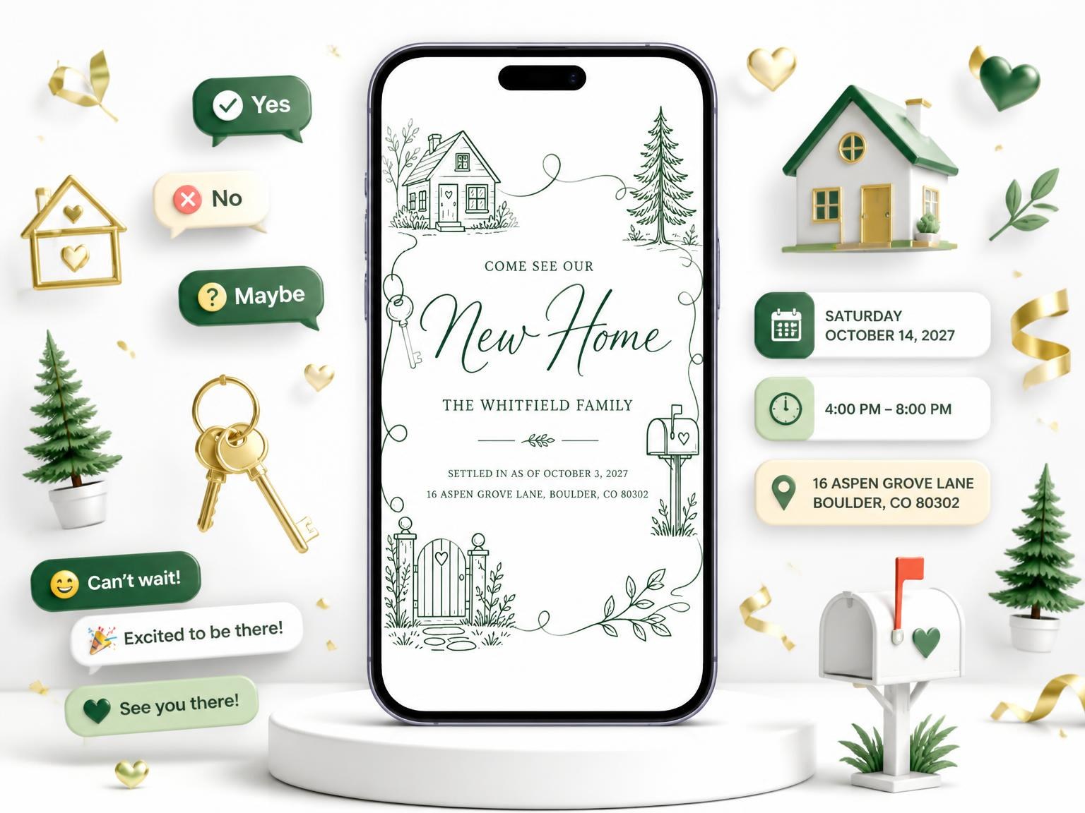 The Forrest Green Housewarming Invitation invitation on a phone, with guest RSVPs arriving around it