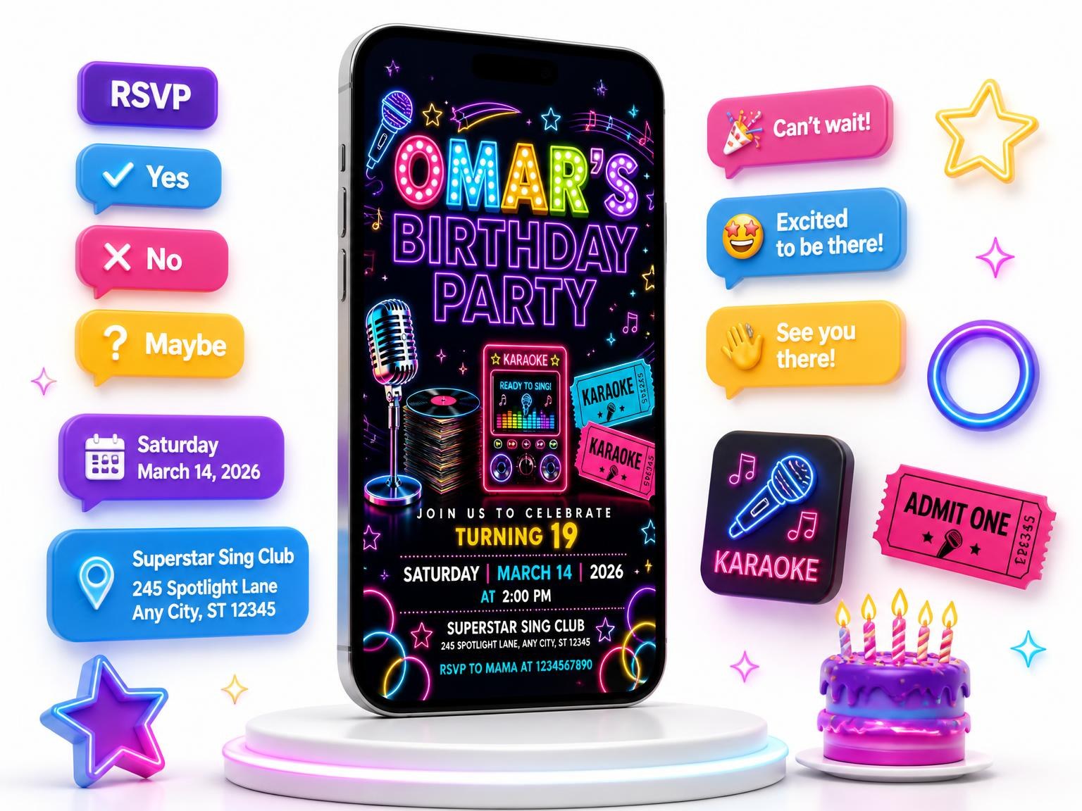 The Neon Karaoke 19th Birthday Invitation invitation on a phone, with guest RSVPs arriving around it