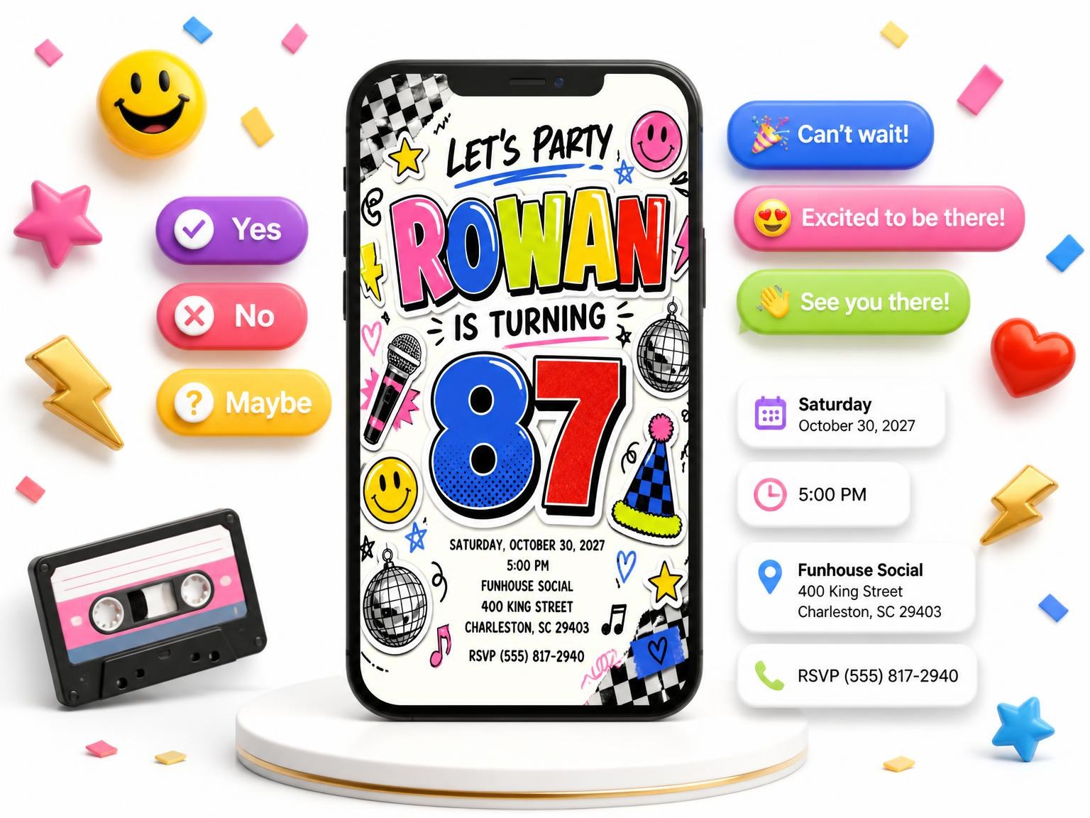 The Sticker Pop 87th Birthday Invitation invitation on a phone, with guest RSVPs arriving around it