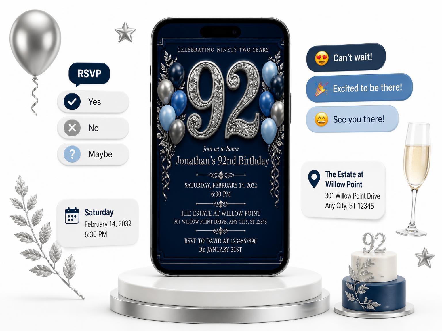 The Navy and Silver 92nd Birthday Invitation invitation on a phone, with guest RSVPs arriving around it
