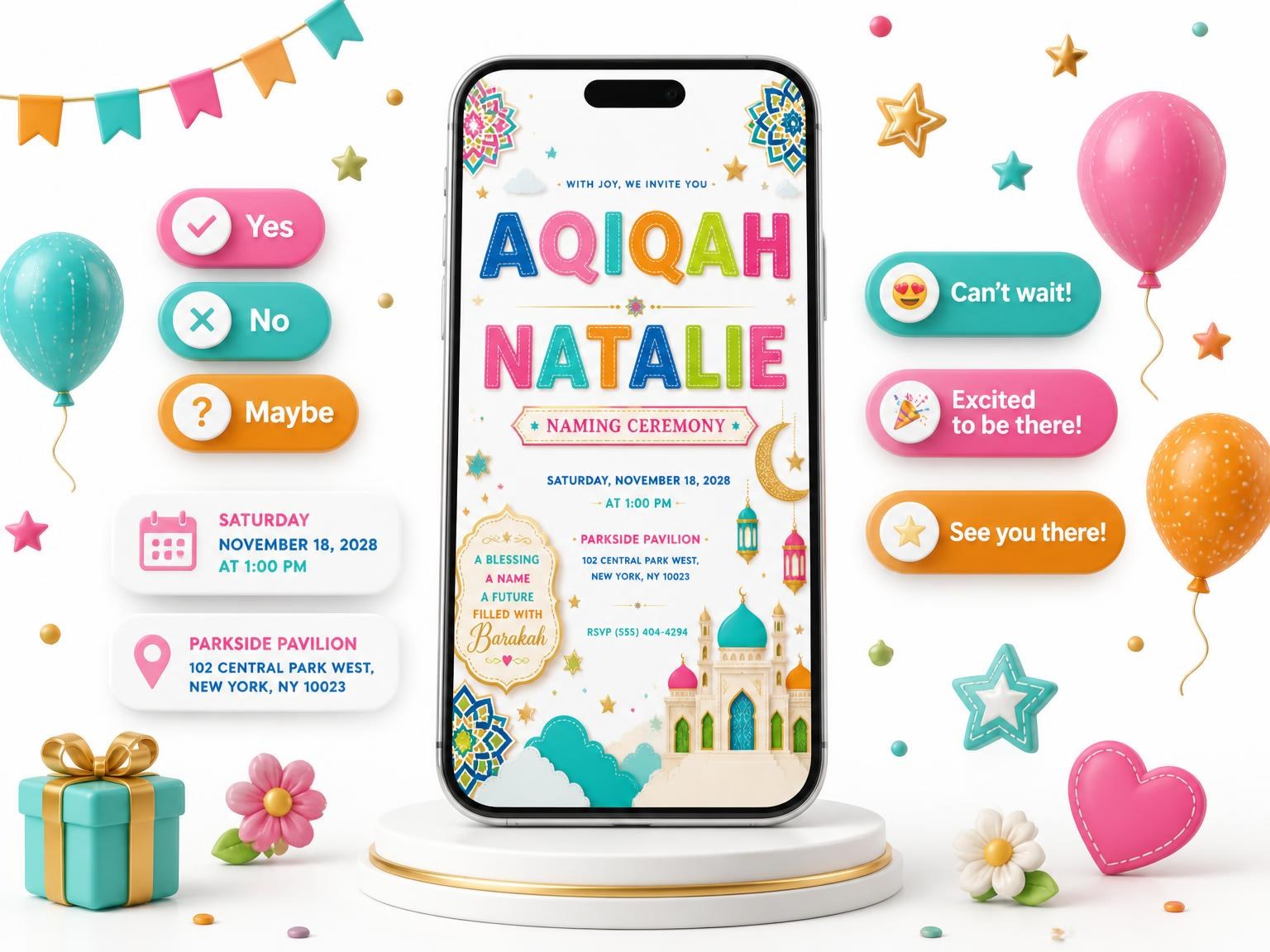 The Mosque Naming Ceremony Invitation invitation on a phone, with guest RSVPs arriving around it
