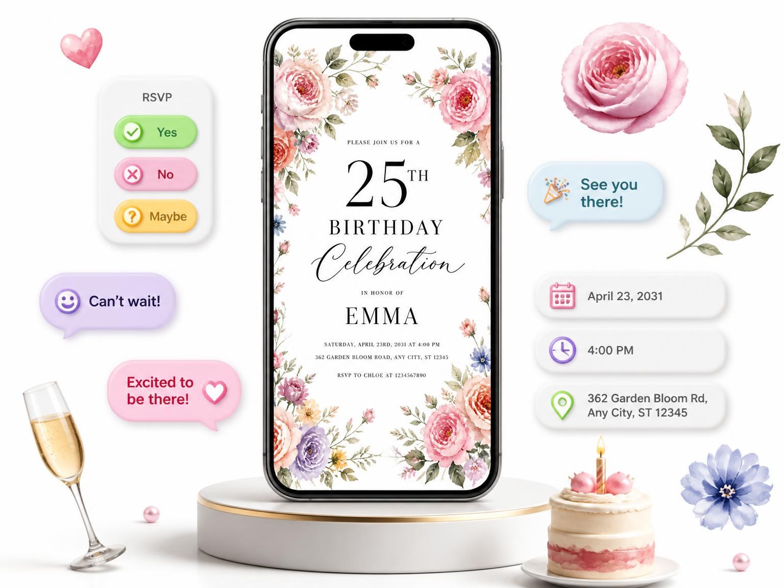 The Pastel Garden Floral 25th Birthday Invitation invitation on a phone, with guest RSVPs arriving around it