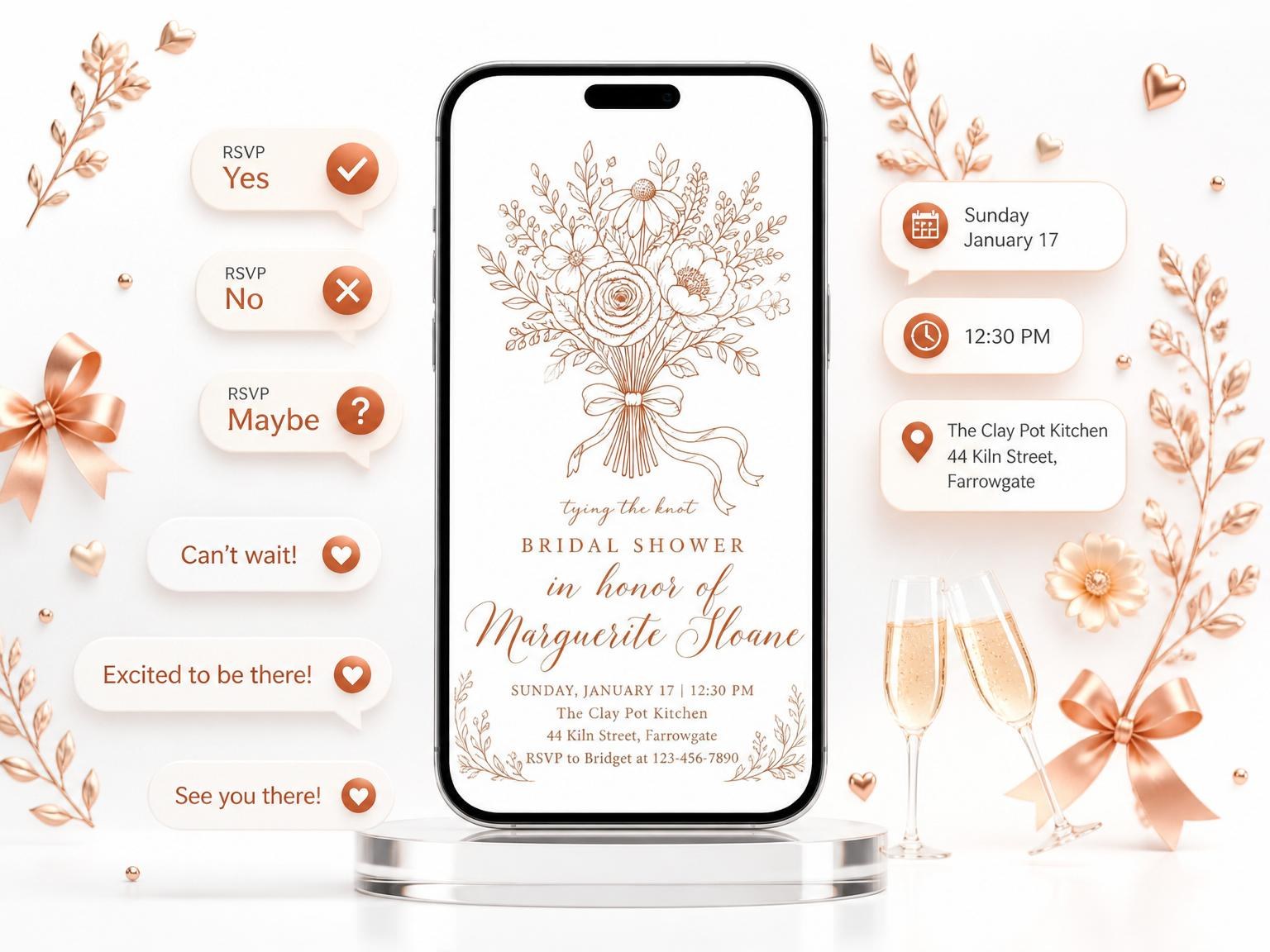 The Terracotta Botanical Line Art Bridal Shower invitation on a phone, with guest RSVPs arriving around it