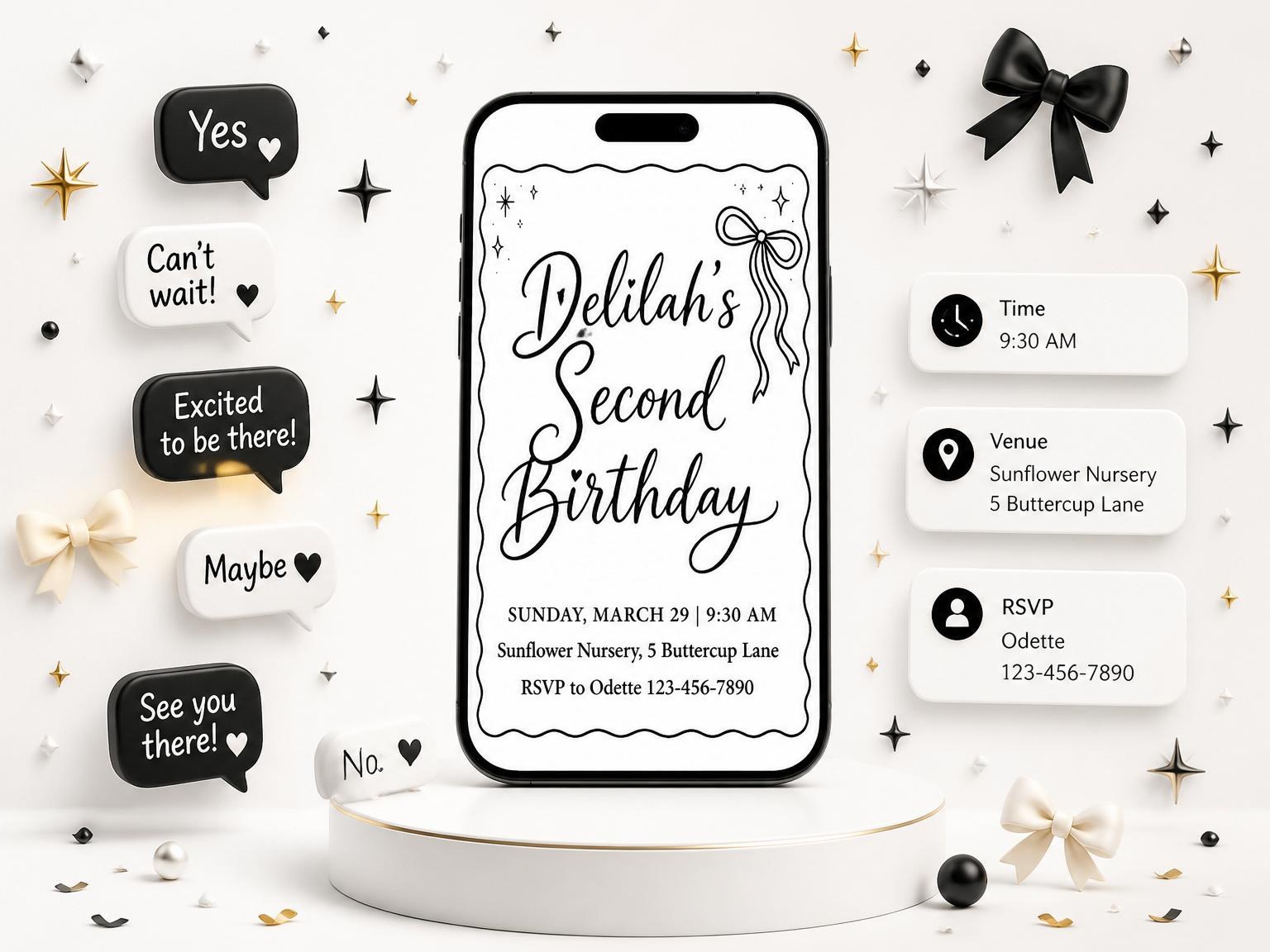 The Black and White Bow 2nd Birthday invitation on a phone, with guest RSVPs arriving around it