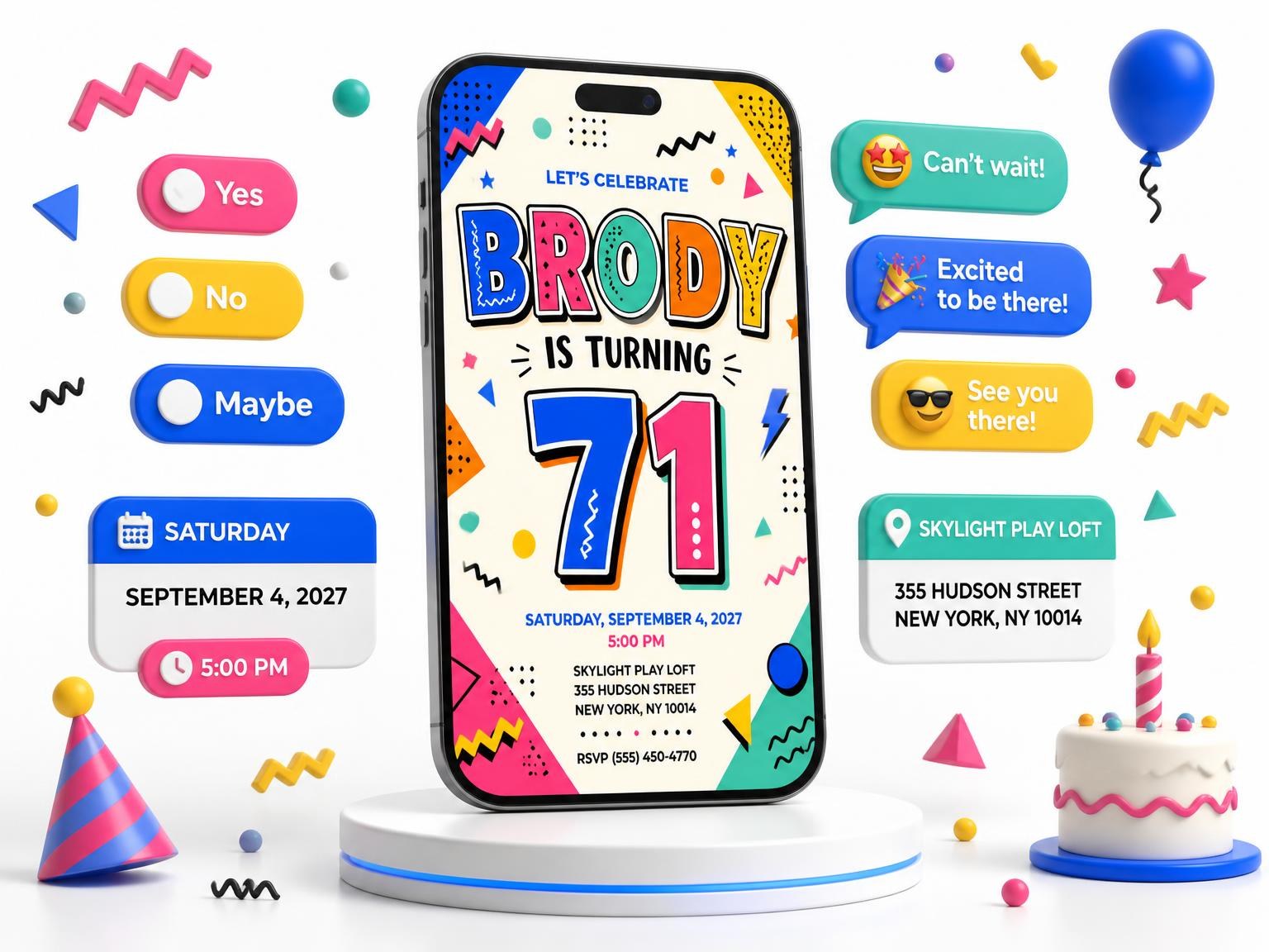 The Memphis Pop 71st Birthday Invitation invitation on a phone, with guest RSVPs arriving around it