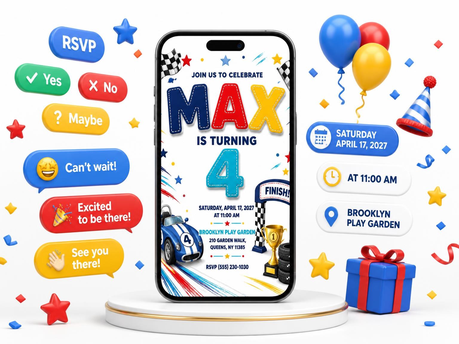 The Stitched Finish Line 4th Birthday Invitation invitation on a phone, with guest RSVPs arriving around it