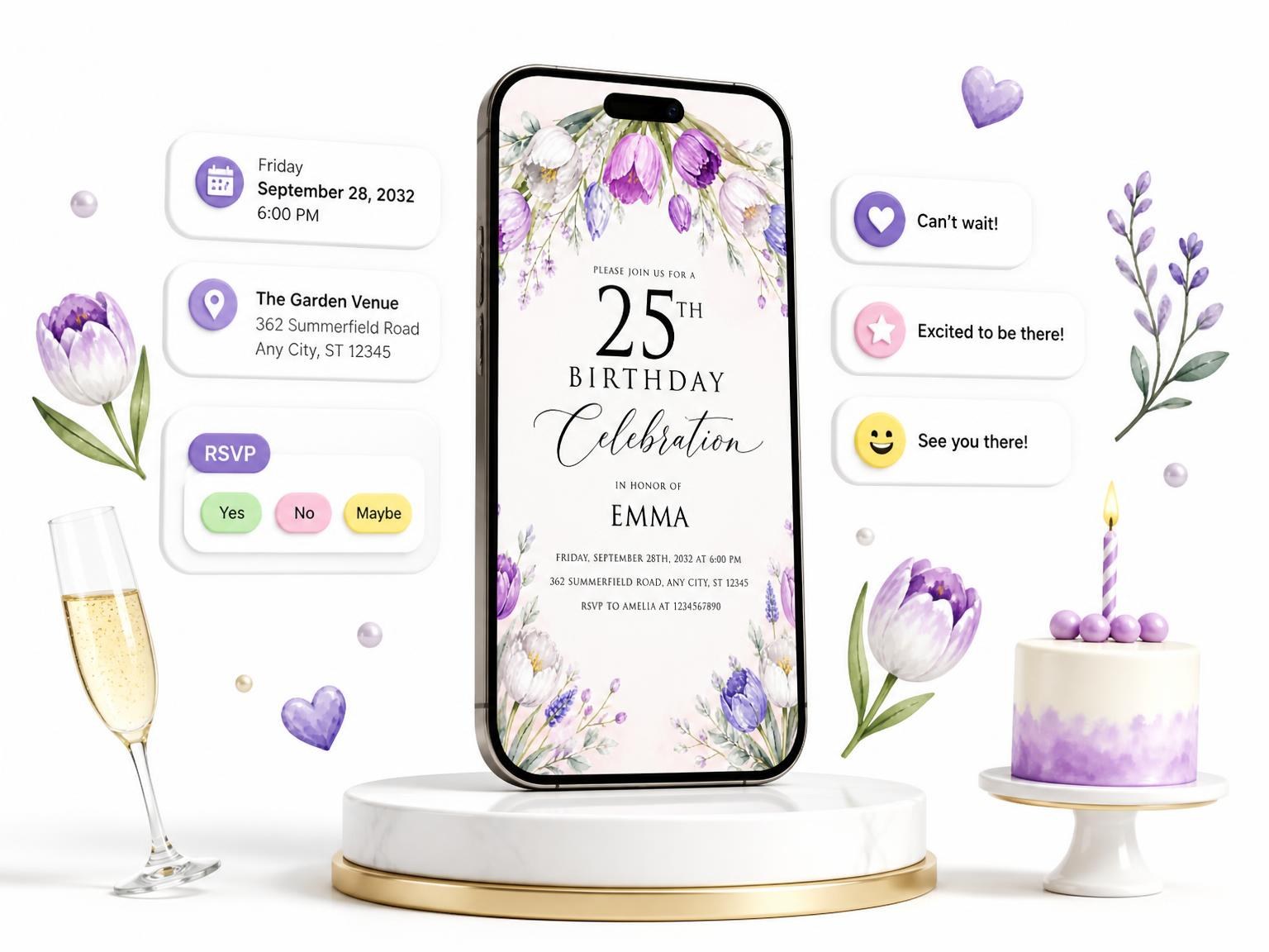 The Lavender Tulip 25th Birthday Invitation invitation on a phone, with guest RSVPs arriving around it