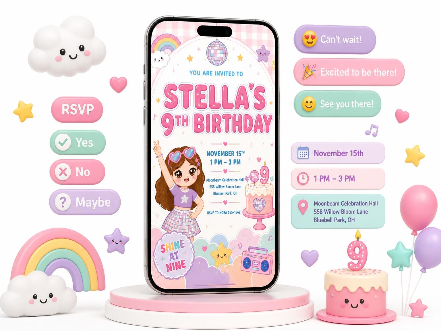 The Rainbow Cloud Kawaii 9th Birthday Invitation invitation on a phone, with guest RSVPs arriving around it