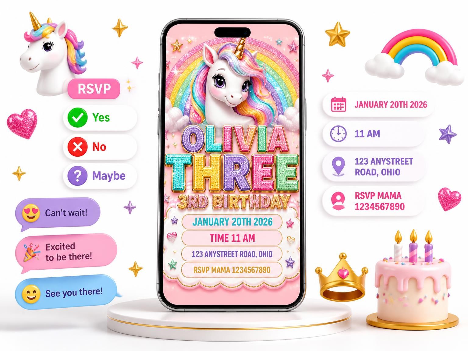 The Glitter Unicorn 3rd Birthday Invitation invitation on a phone, with guest RSVPs arriving around it