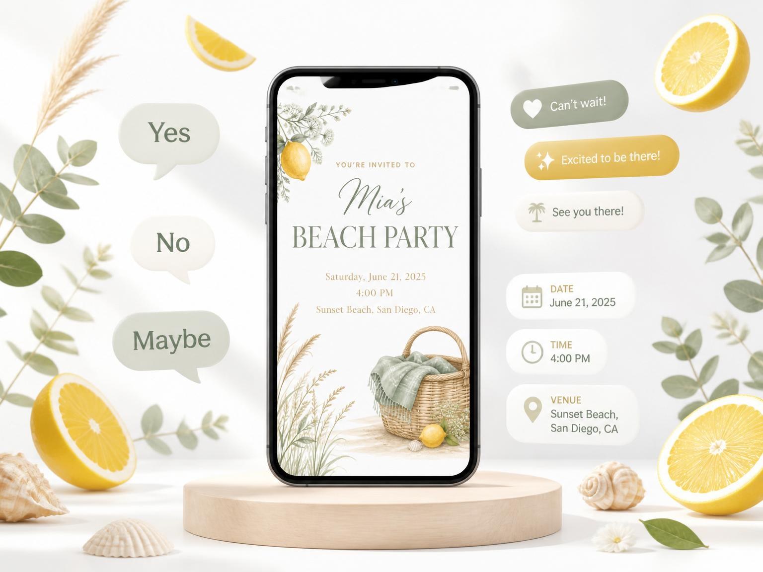 The Watercolor Lemon Picnic Beach Party Invitation invitation on a phone, with guest RSVPs arriving around it
