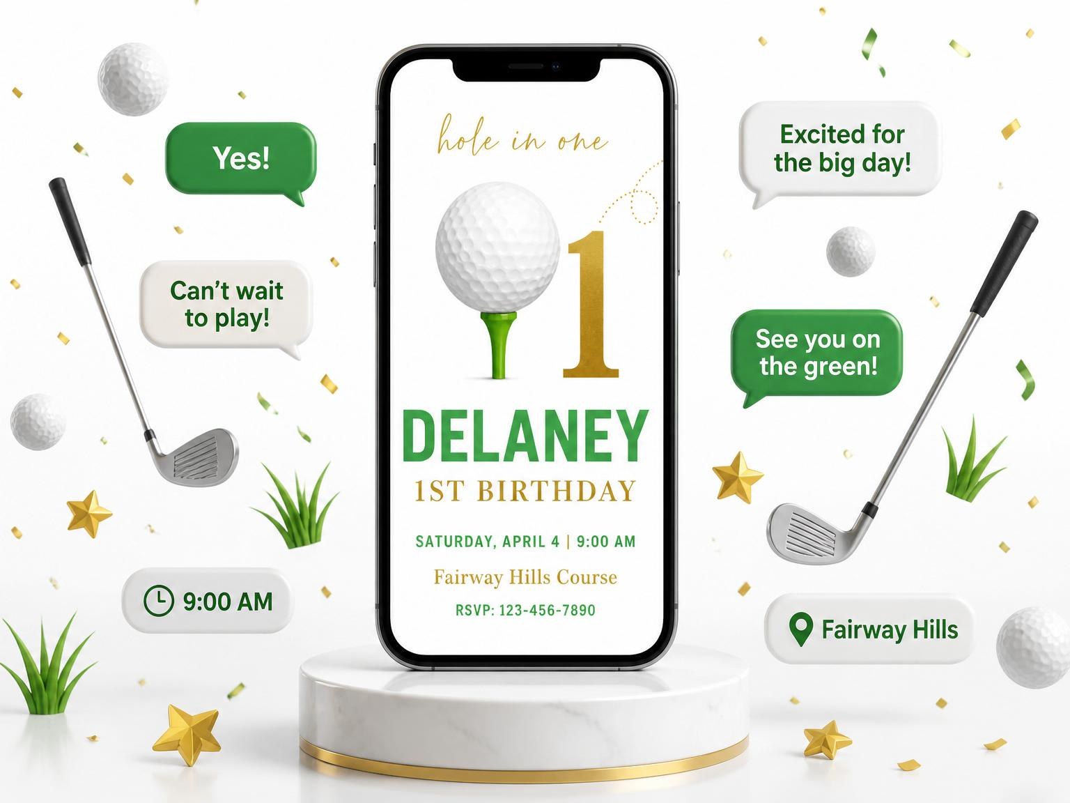 The Gold Golf Ball 1st Birthday invitation on a phone, with guest RSVPs arriving around it