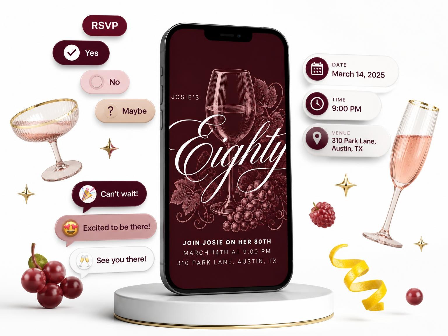 The Burgundy Cocktail 80th Birthday Invitation invitation on a phone, with guest RSVPs arriving around it