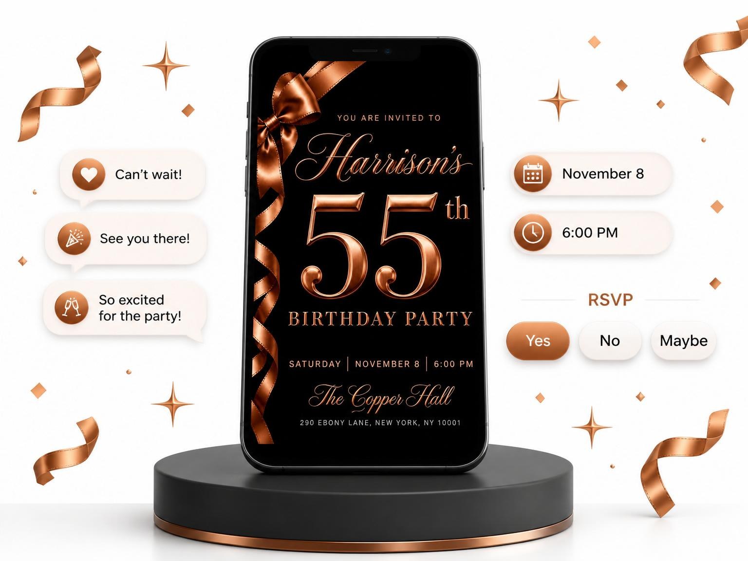The Copper Ribbon Matte Black Birthday invitation on a phone, with guest RSVPs arriving around it