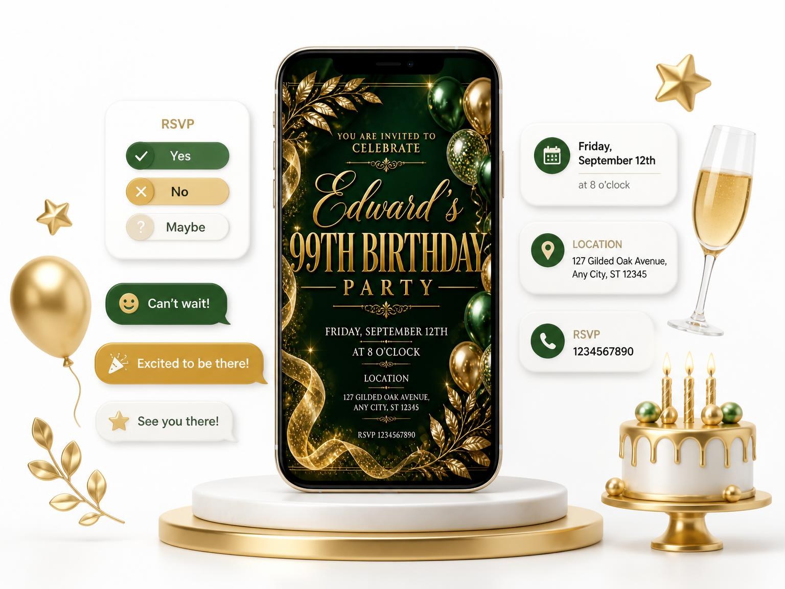The Emerald and Champagne 99th Birthday Invitation invitation on a phone, with guest RSVPs arriving around it