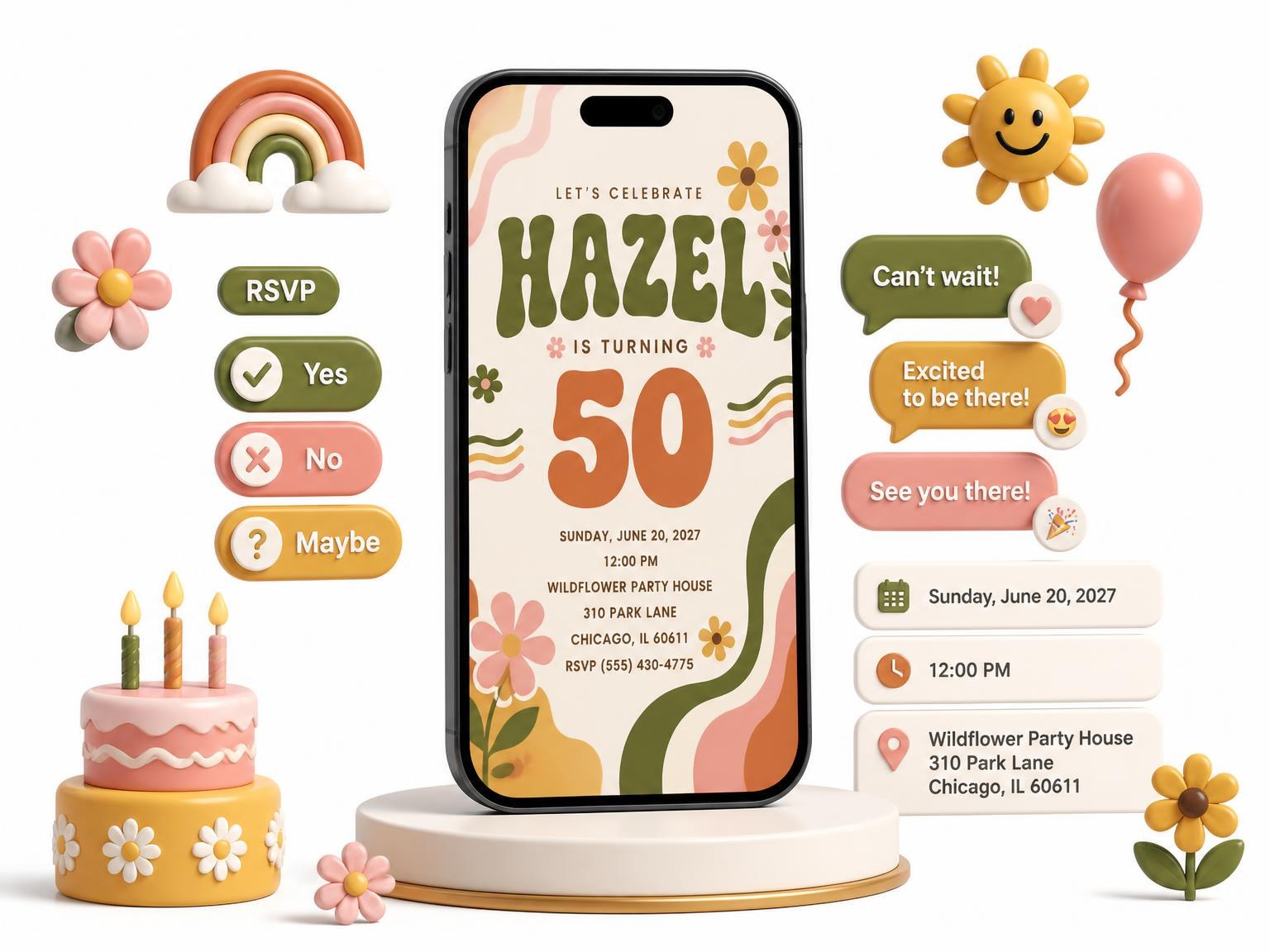 The Groovy Retro 50th Birthday Invitation invitation on a phone, with guest RSVPs arriving around it