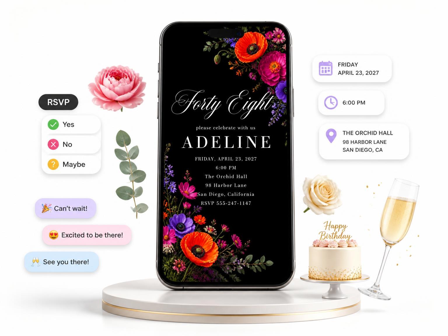 The Black Floral 48th Birthday Invitation invitation on a phone, with guest RSVPs arriving around it