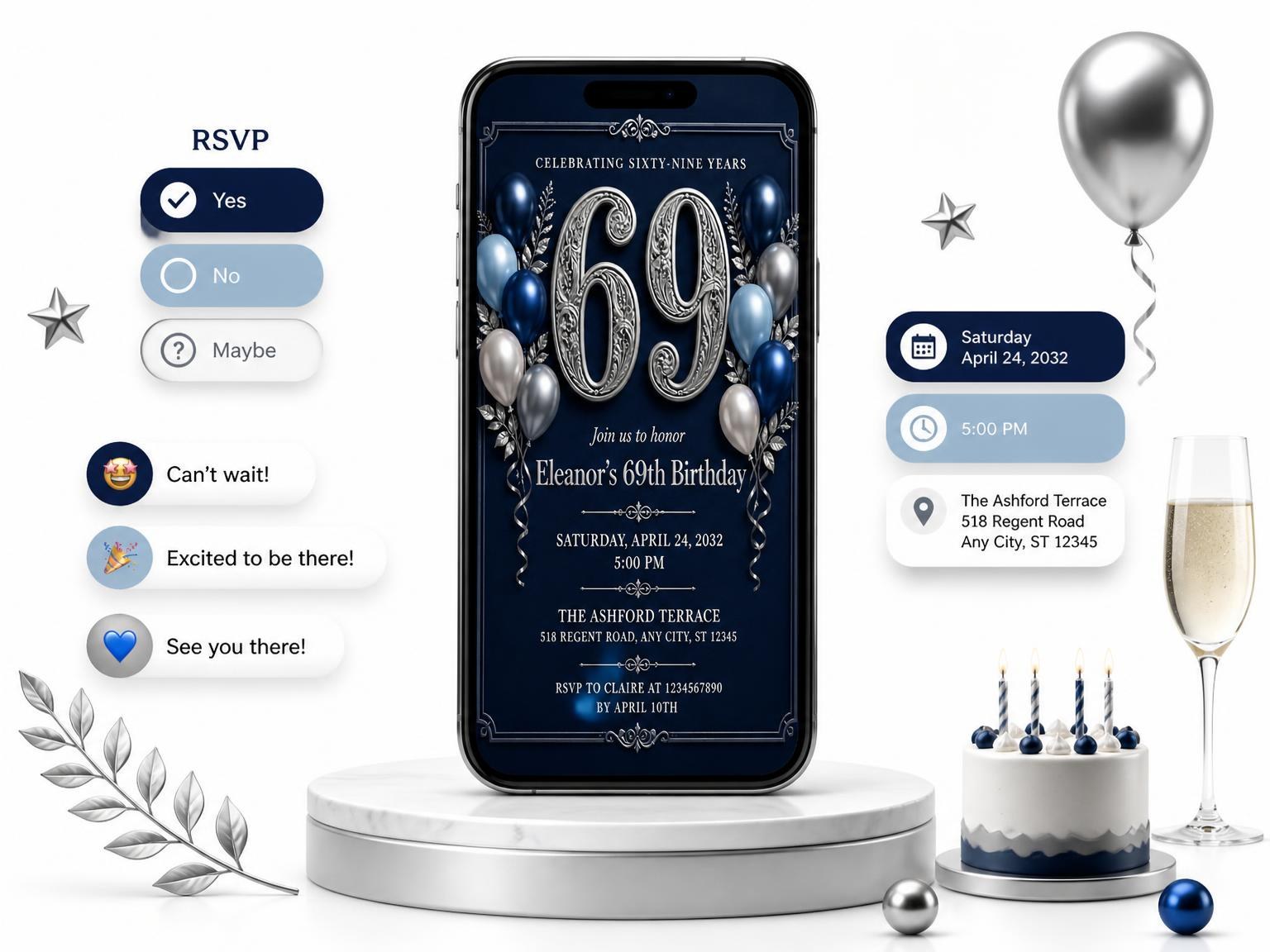 The Navy and Silver 69th Birthday Invitation invitation on a phone, with guest RSVPs arriving around it