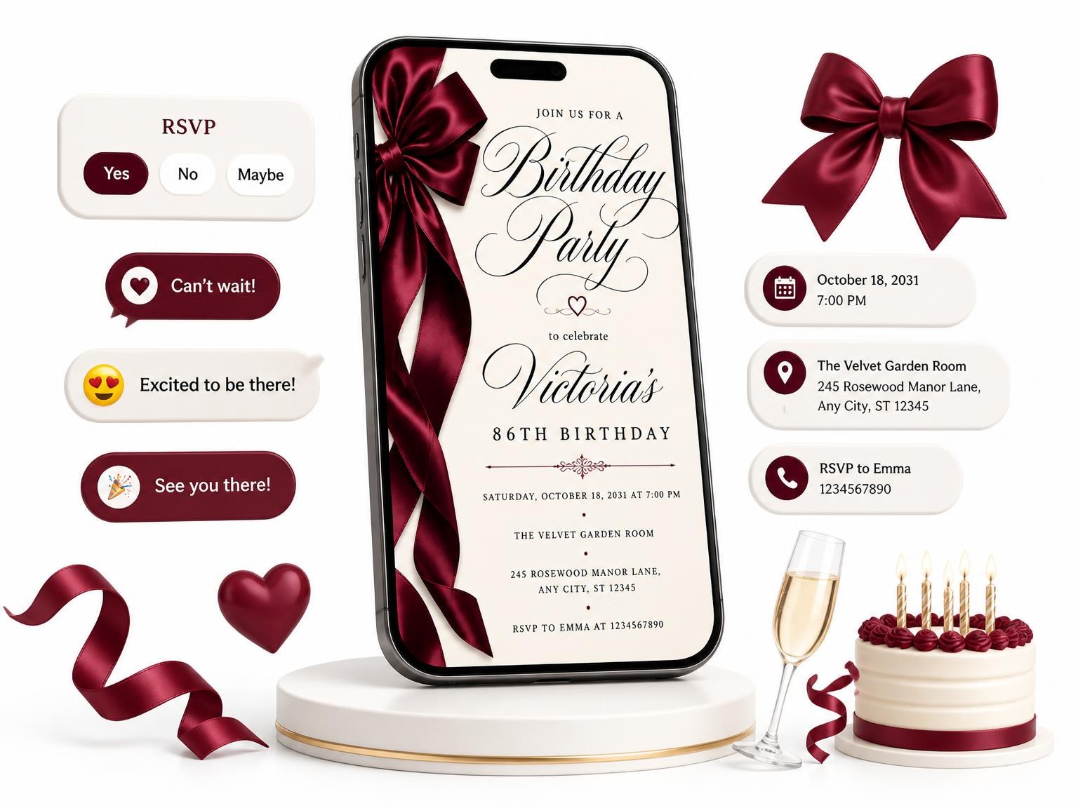 The Burgundy Satin Bow 86th Birthday Invitation invitation on a phone, with guest RSVPs arriving around it