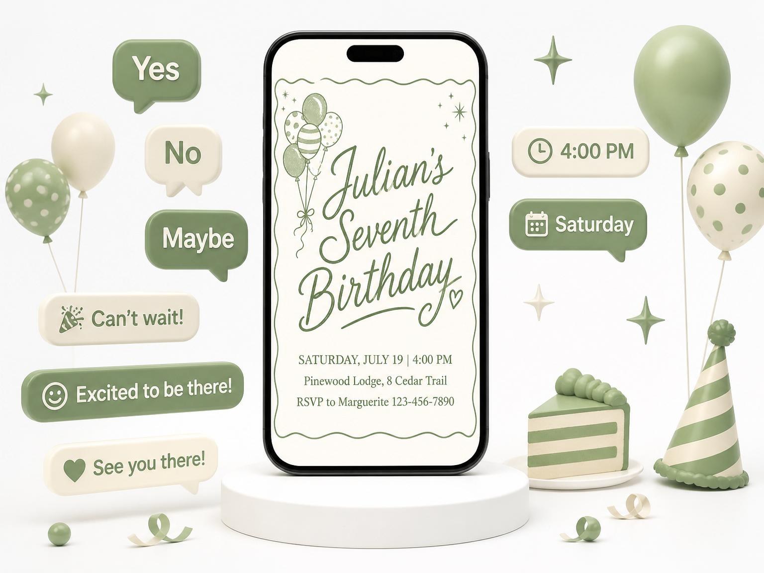 The Olive Balloon Scalloped 7th Birthday Invitation invitation on a phone, with guest RSVPs arriving around it