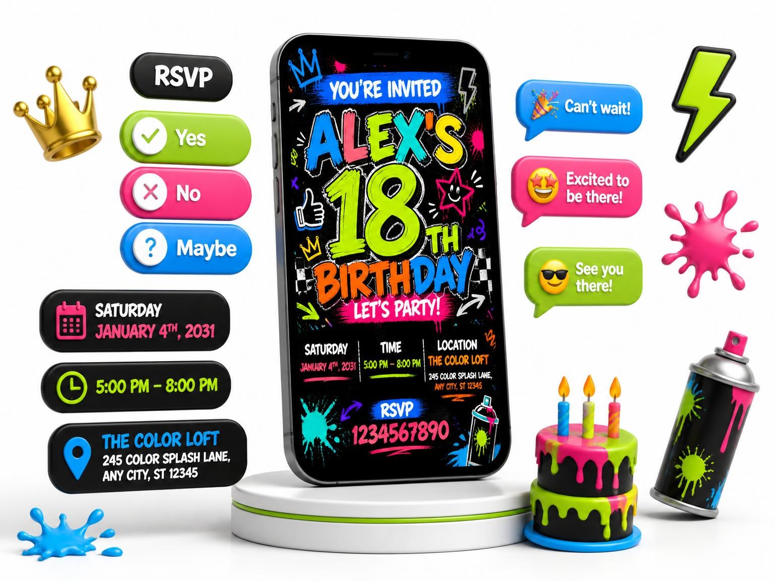 The Graffiti Street Art 18th Birthday Invitation invitation on a phone, with guest RSVPs arriving around it