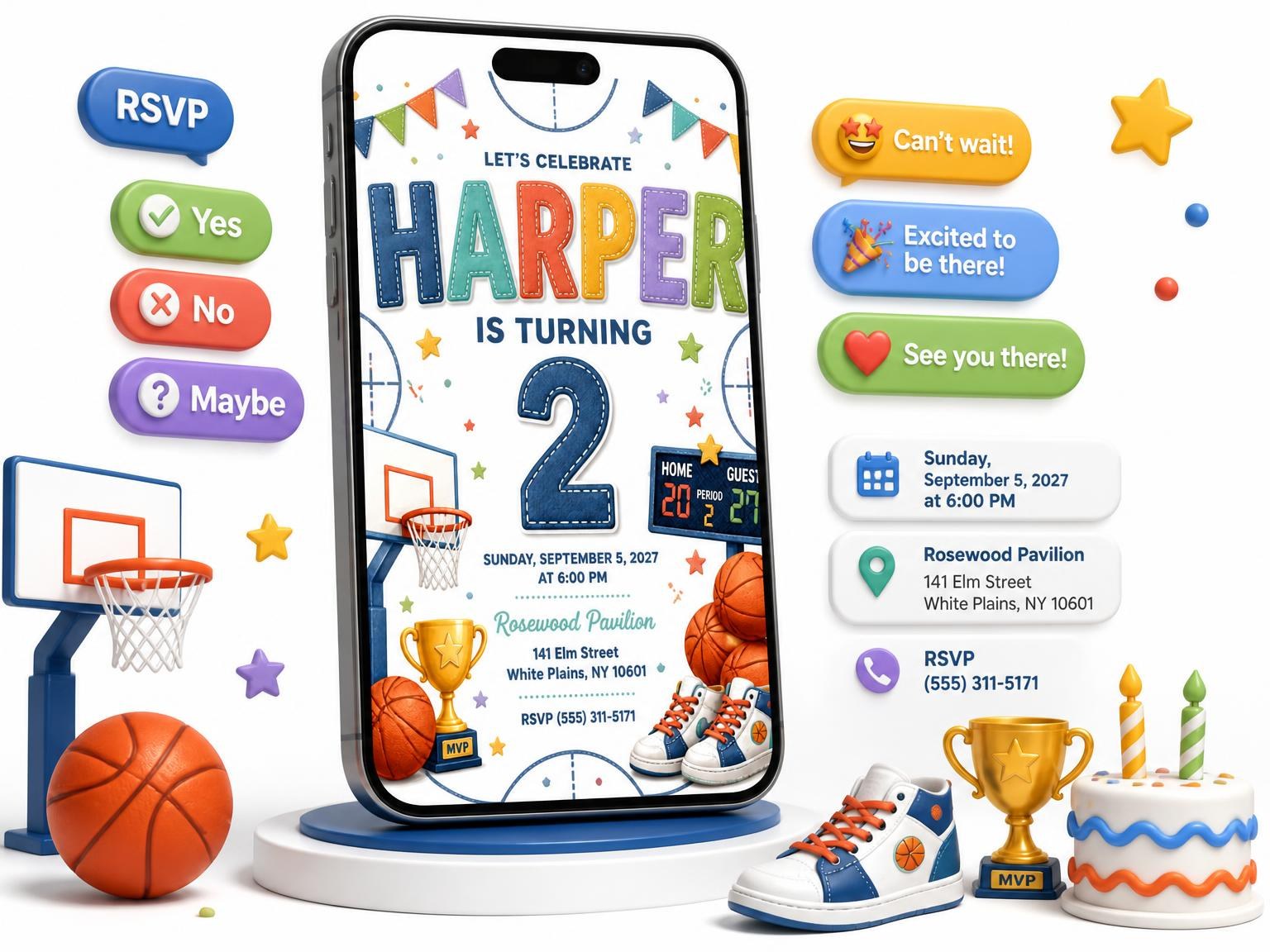 The Stitched Basketball 2nd Birthday Invitation invitation on a phone, with guest RSVPs arriving around it