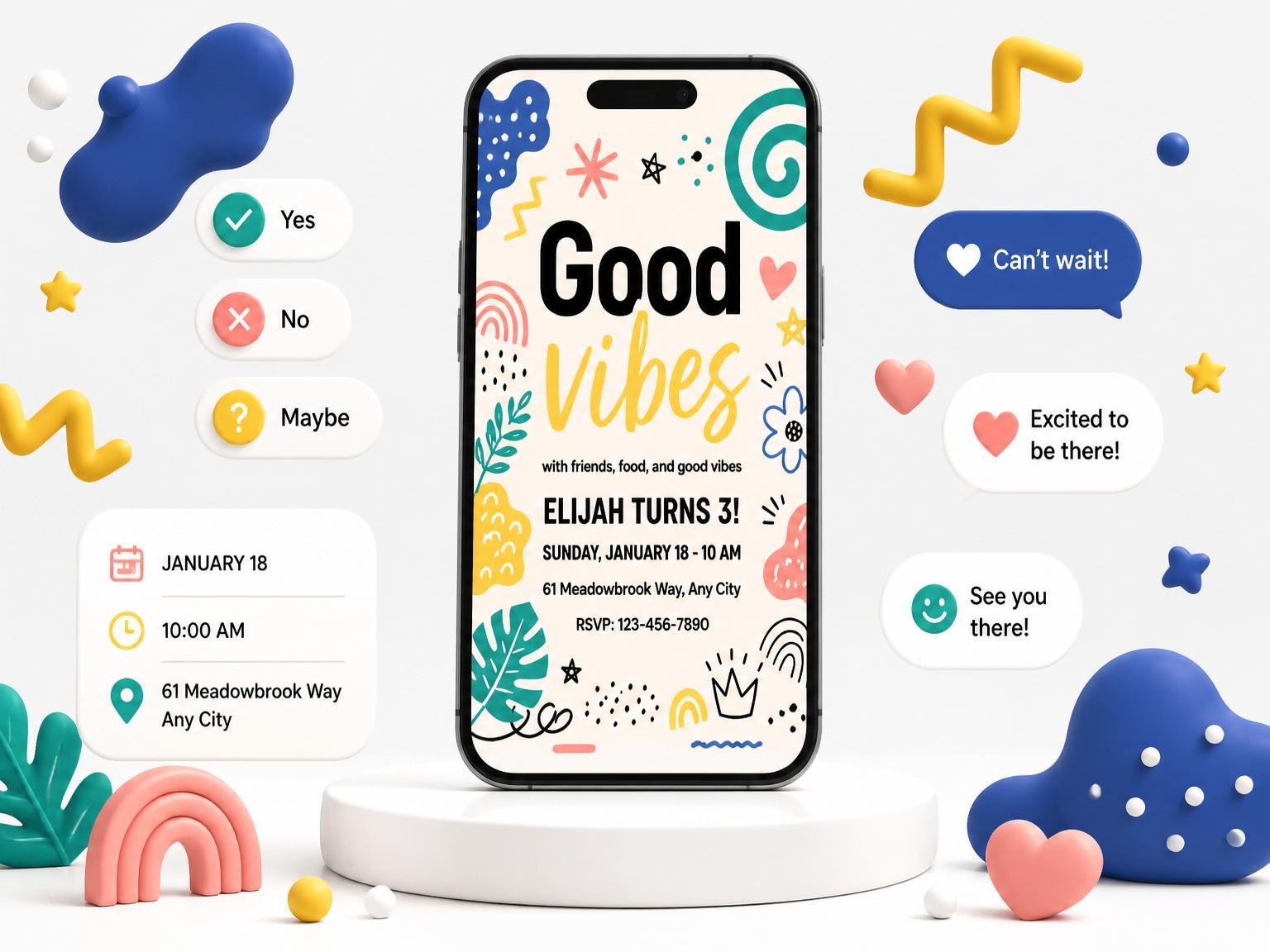 The Doodle Motif Multicolored 3rd Birthday invitation on a phone, with guest RSVPs arriving around it