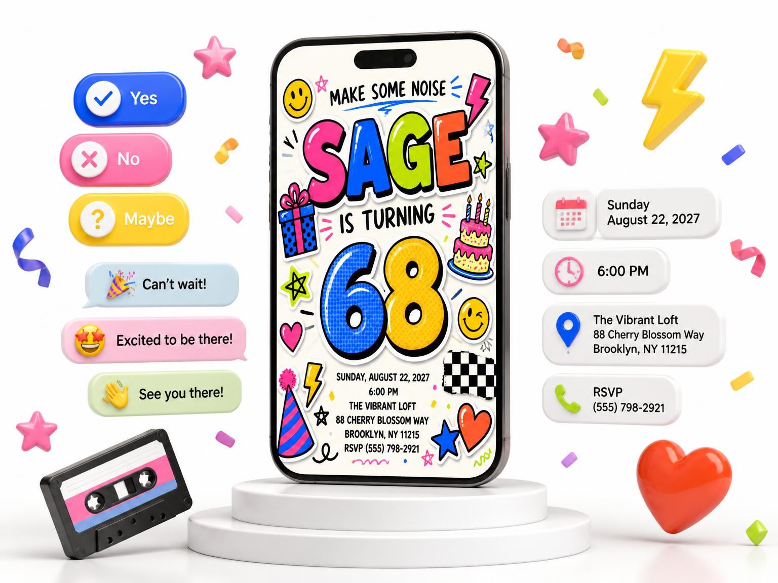 The 90s Scrapbook 68th Birthday Invitation invitation on a phone, with guest RSVPs arriving around it
