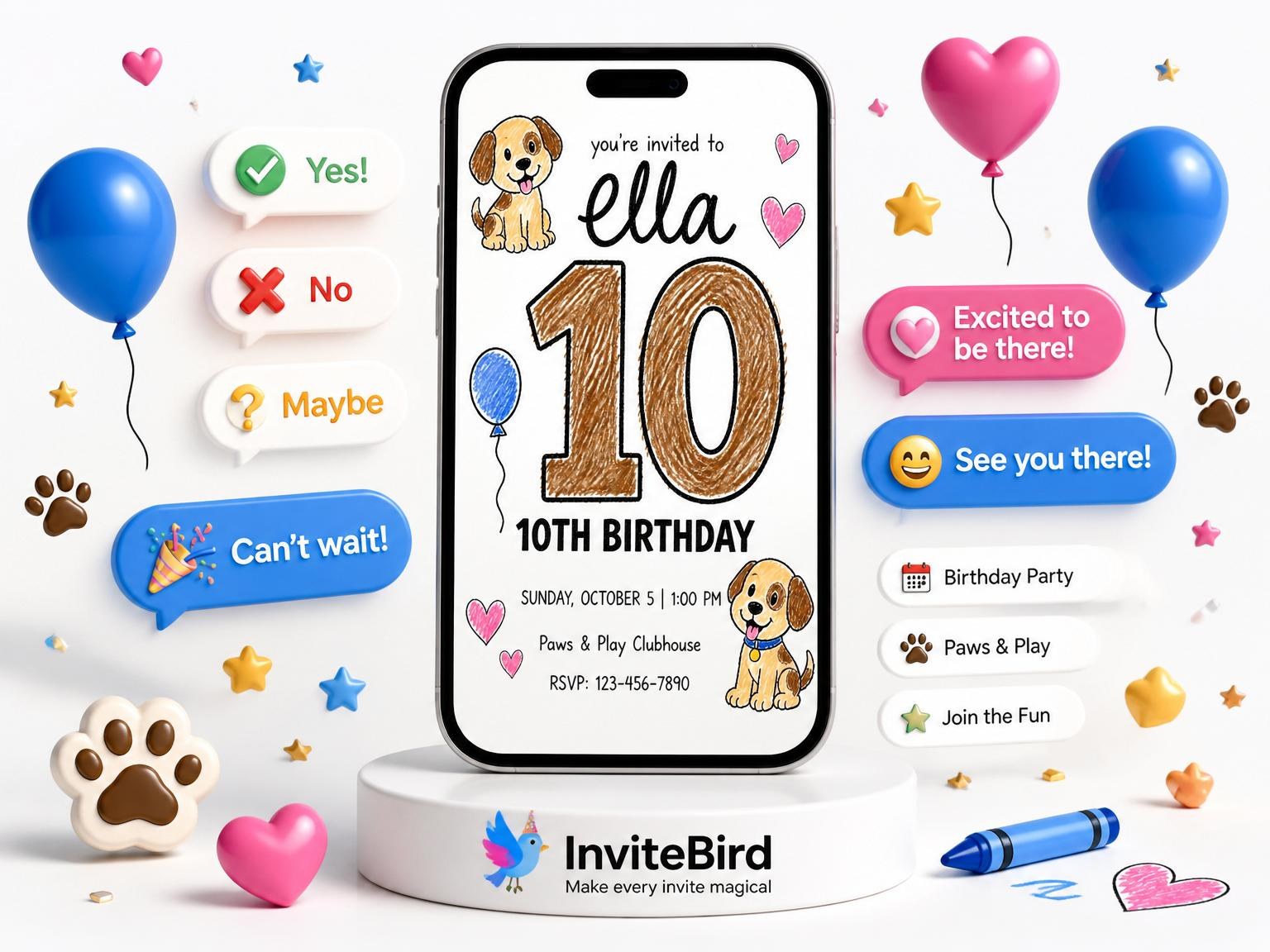 The Crayon Puppy Illustration 10th Birthday invitation on a phone, with guest RSVPs arriving around it