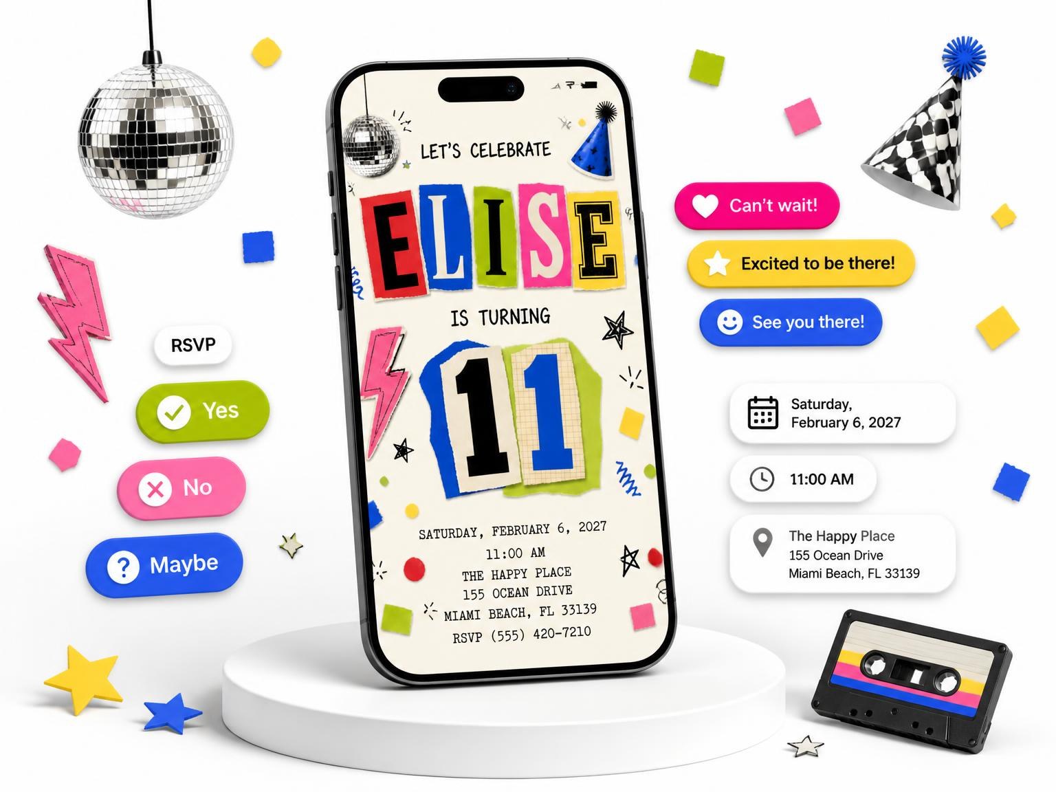 The Retro Paper Collage 11th Birthday Invitation invitation on a phone, with guest RSVPs arriving around it