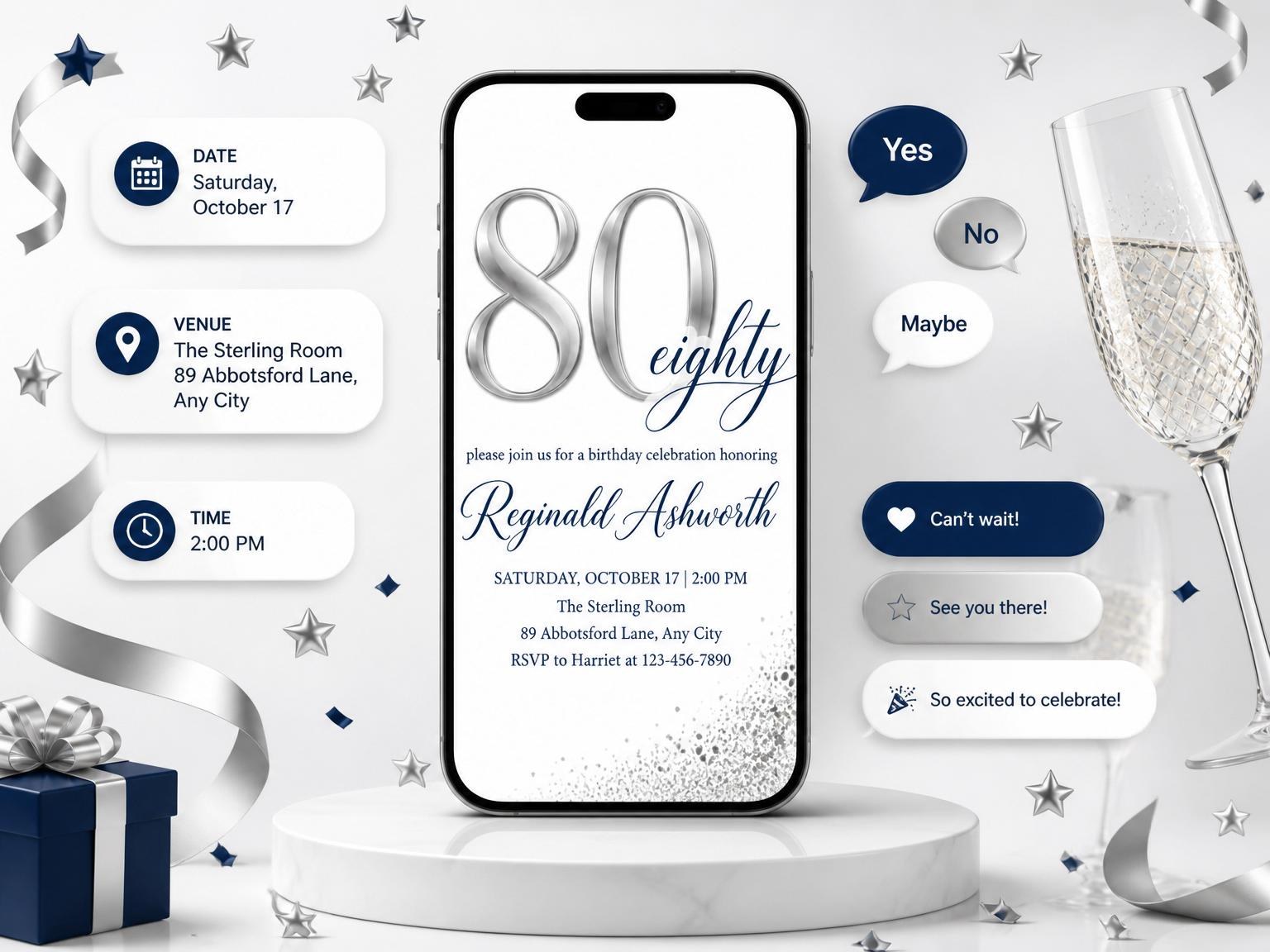 The Metallic Silver Navy 80th Birthday invitation on a phone, with guest RSVPs arriving around it
