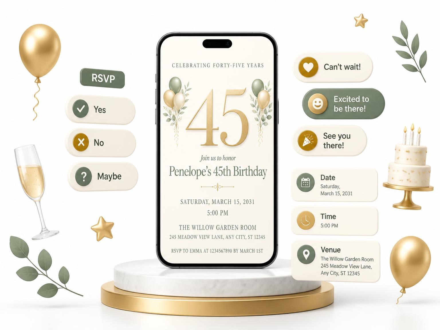 The Sage and Ivory 45th Birthday Invitation invitation on a phone, with guest RSVPs arriving around it