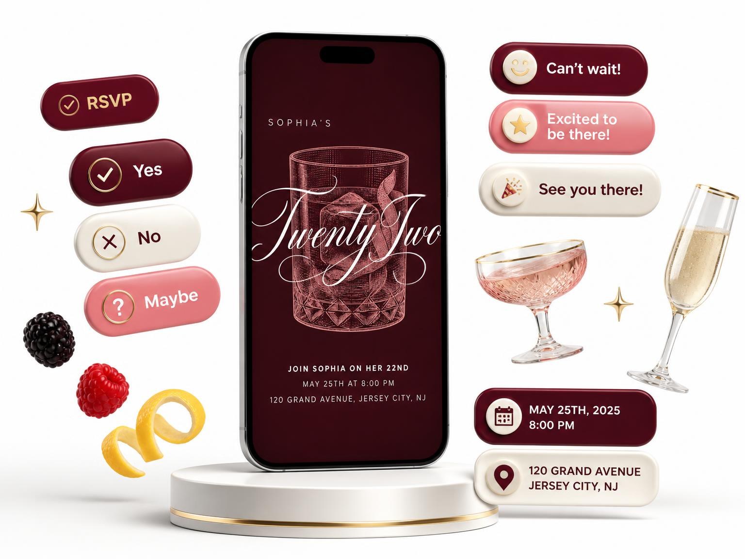 The Burgundy Cocktail 22nd Birthday Invitation invitation on a phone, with guest RSVPs arriving around it