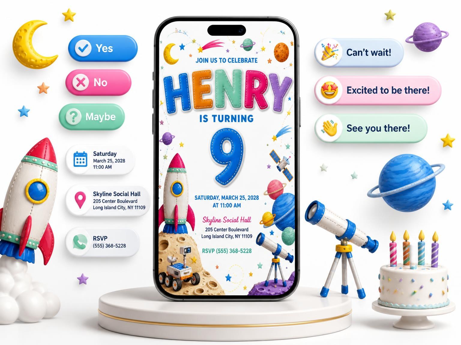 The Stitched Space 9th Birthday Invitation invitation on a phone, with guest RSVPs arriving around it