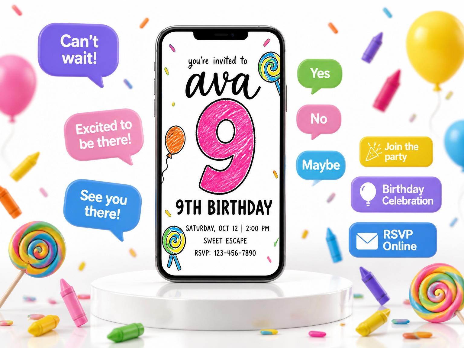 The Crayon Candy Motif 9th Birthday Invitation invitation on a phone, with guest RSVPs arriving around it