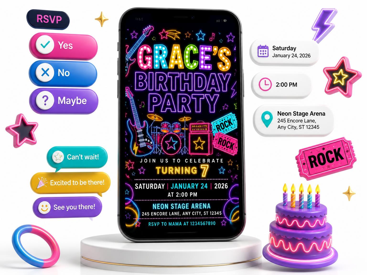 The Neon Rock Star 7th Birthday Invitation invitation on a phone, with guest RSVPs arriving around it