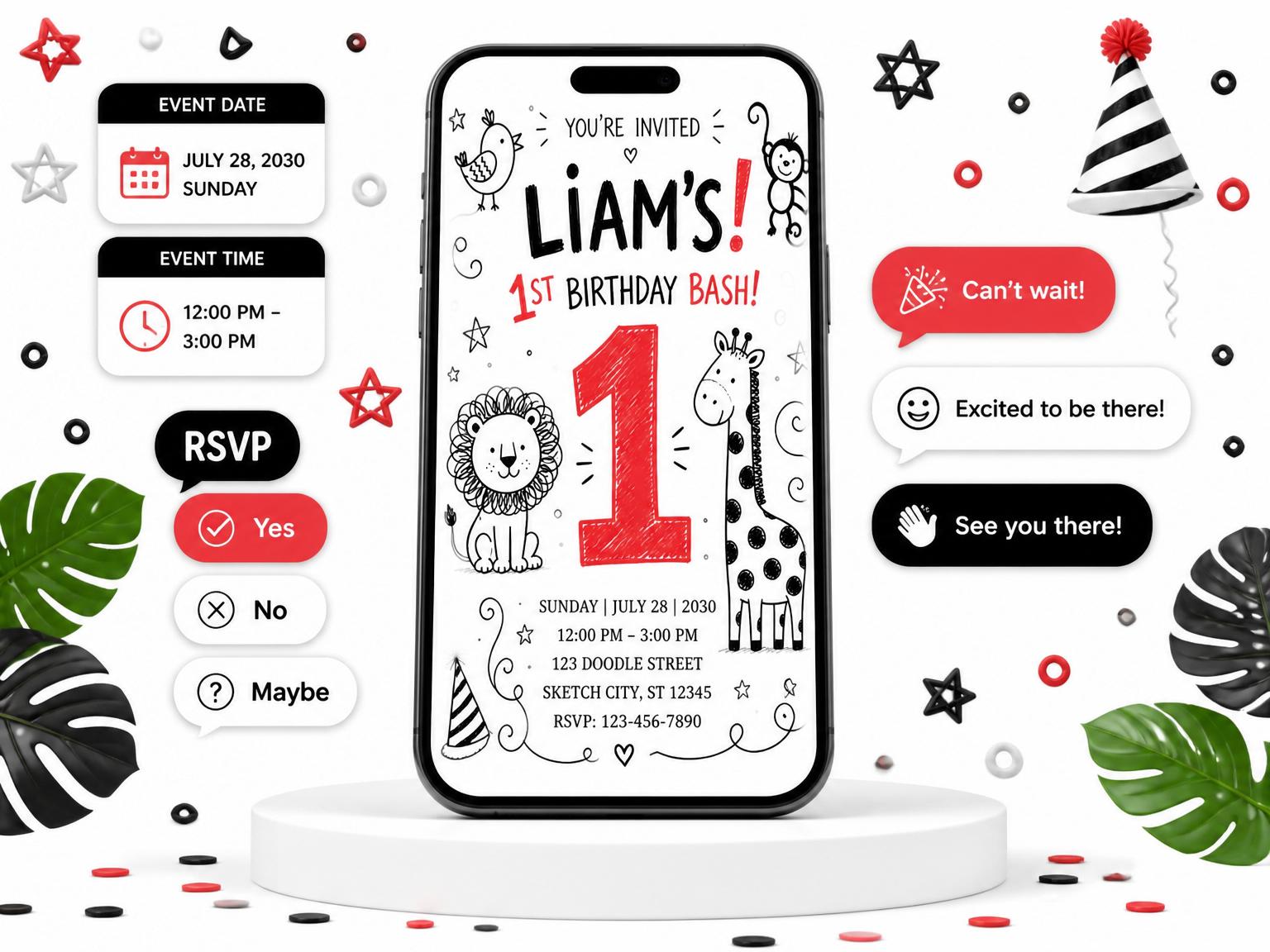 The Safari First Birthday invitation on a phone, with guest RSVPs arriving around it