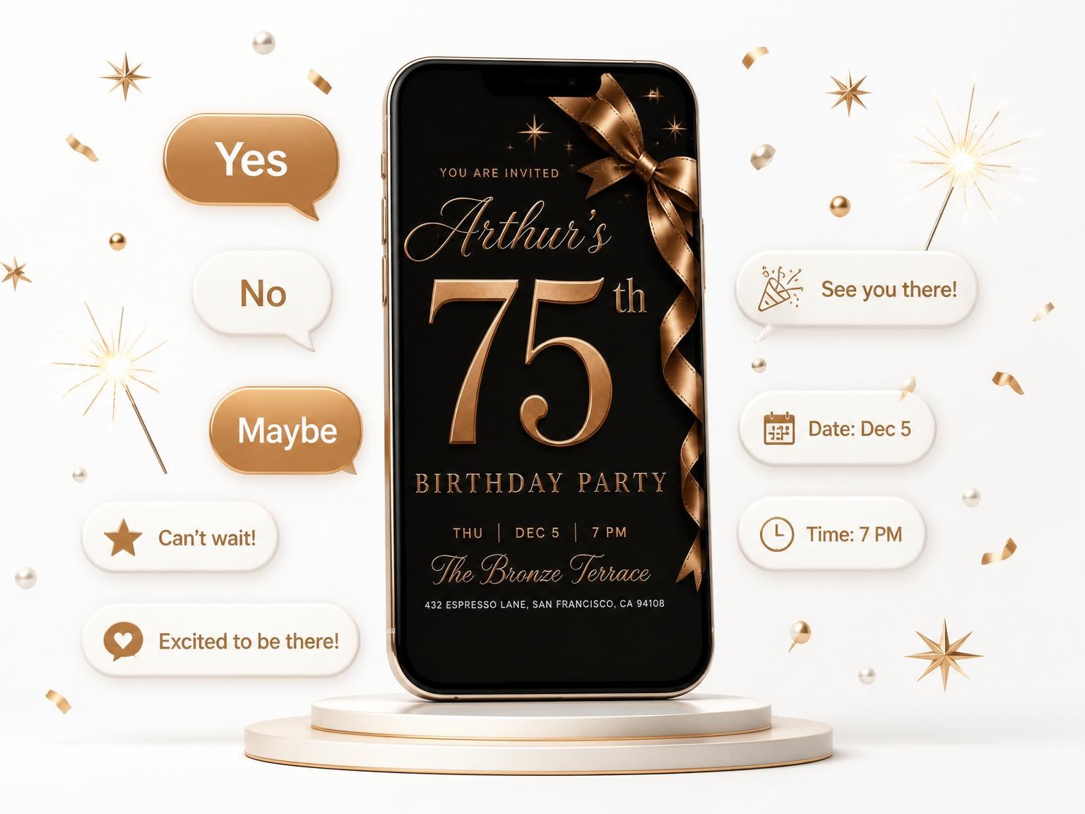 The Bronze Ribbon Metallic 75th Birthday invitation on a phone, with guest RSVPs arriving around it