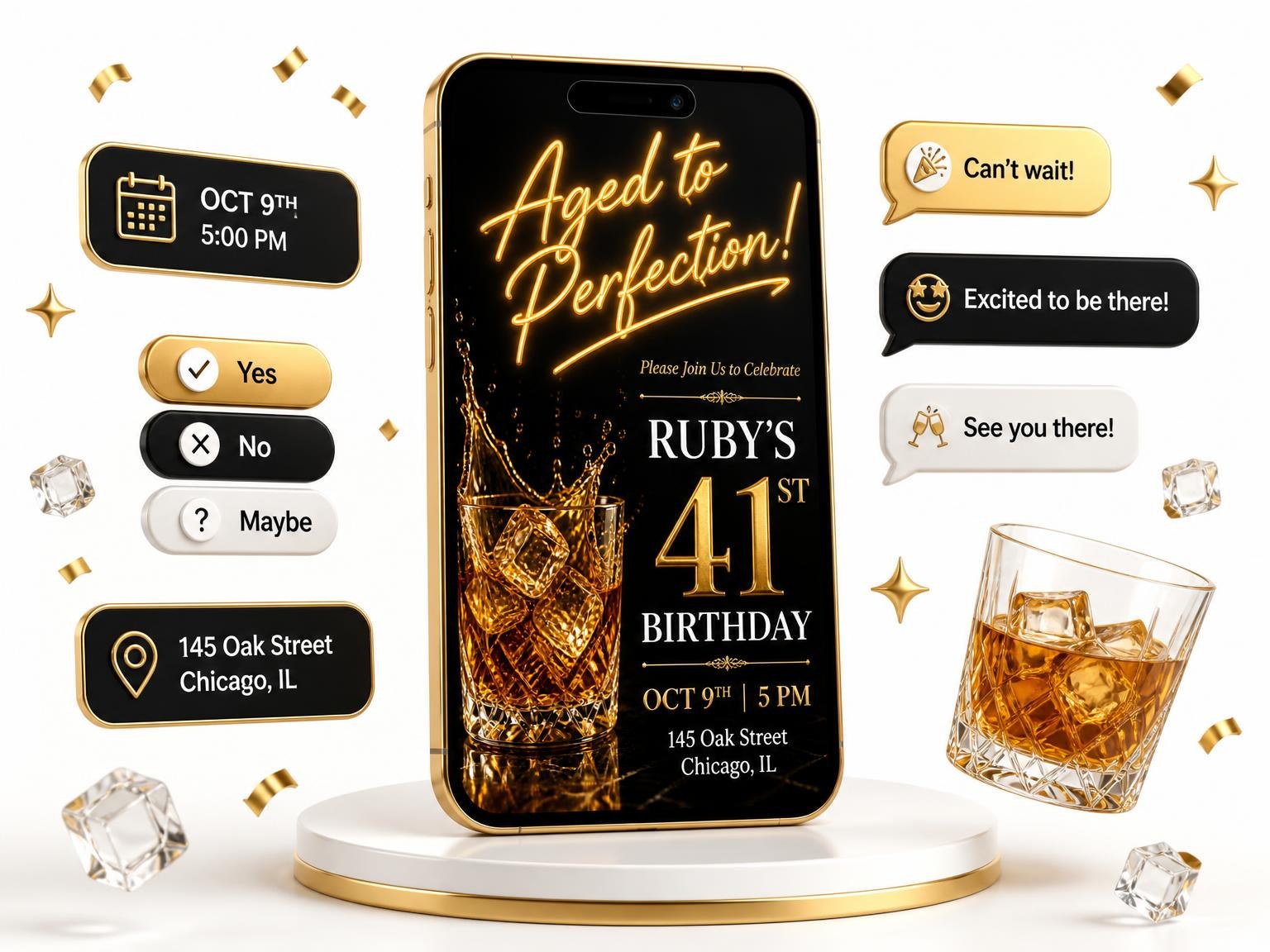 The Whiskey Glass 41st Birthday Invitation invitation on a phone, with guest RSVPs arriving around it