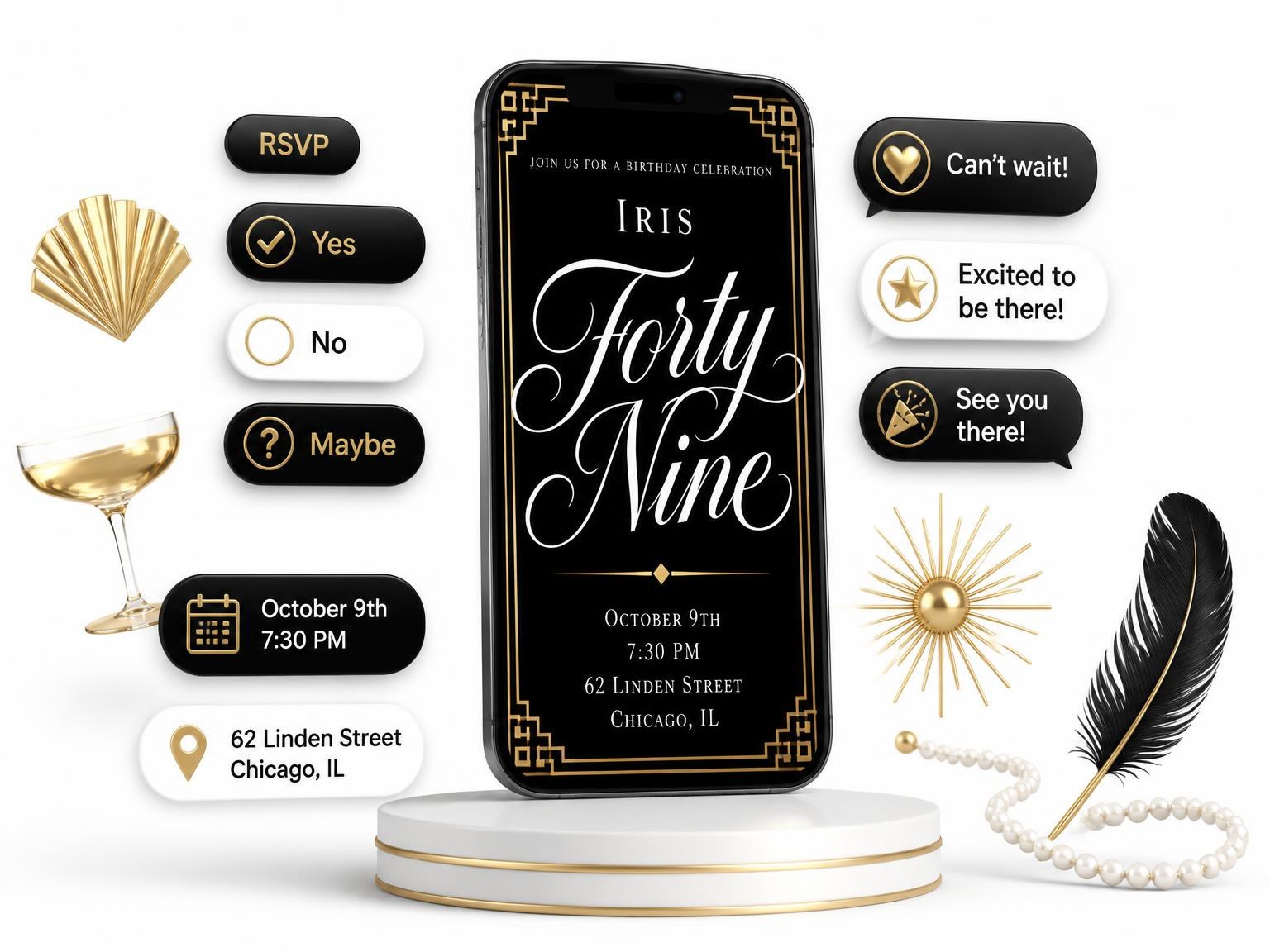 The Art Deco 49th Birthday Invitation invitation on a phone, with guest RSVPs arriving around it