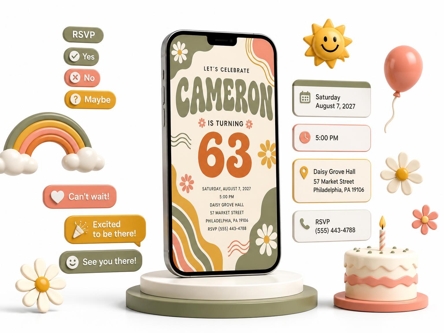 The Groovy Retro 63rd Birthday Invitation invitation on a phone, with guest RSVPs arriving around it